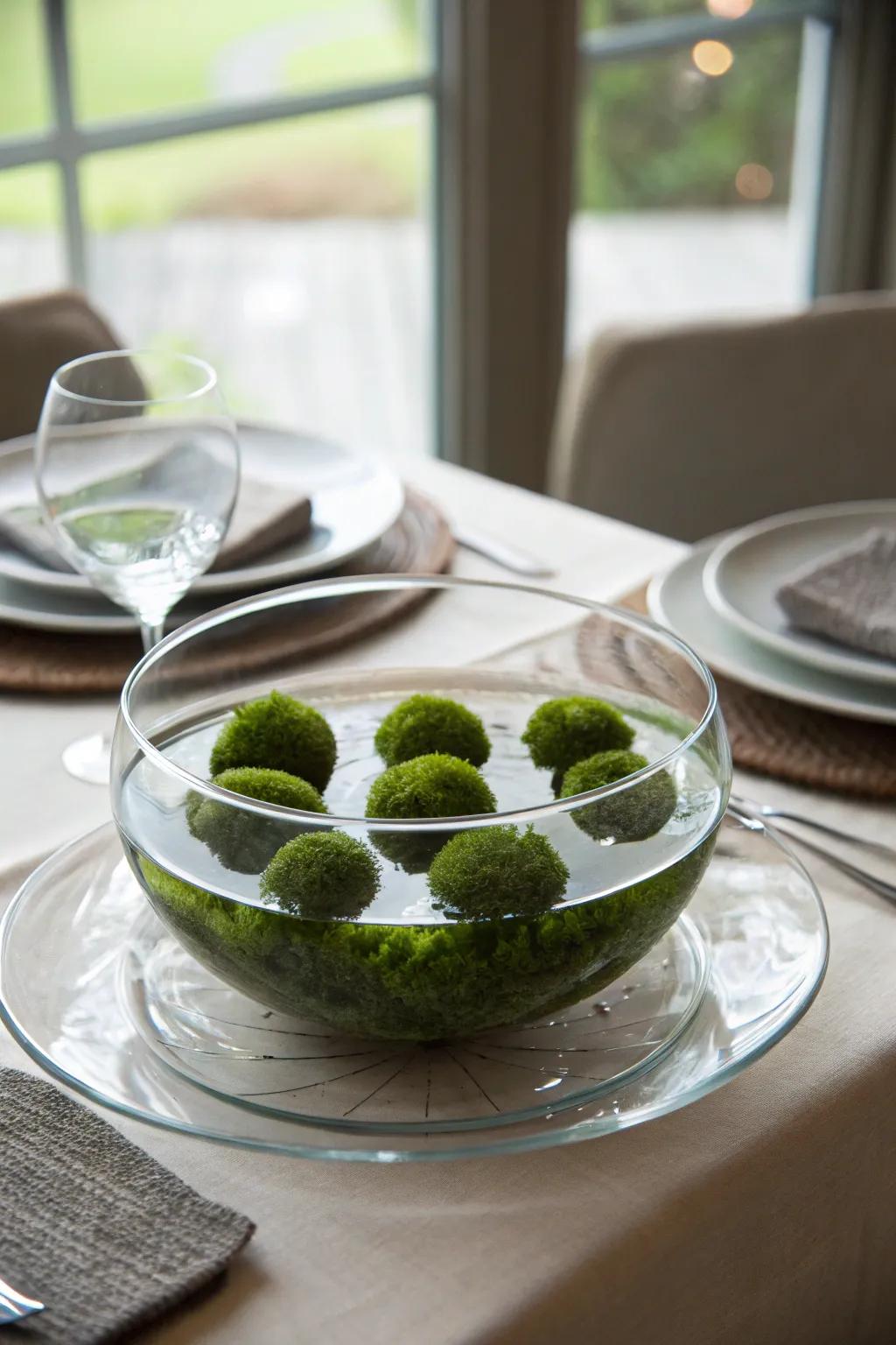 Delightful floating moss balls in a glass bowl, perfect for a dining table centerpiece.