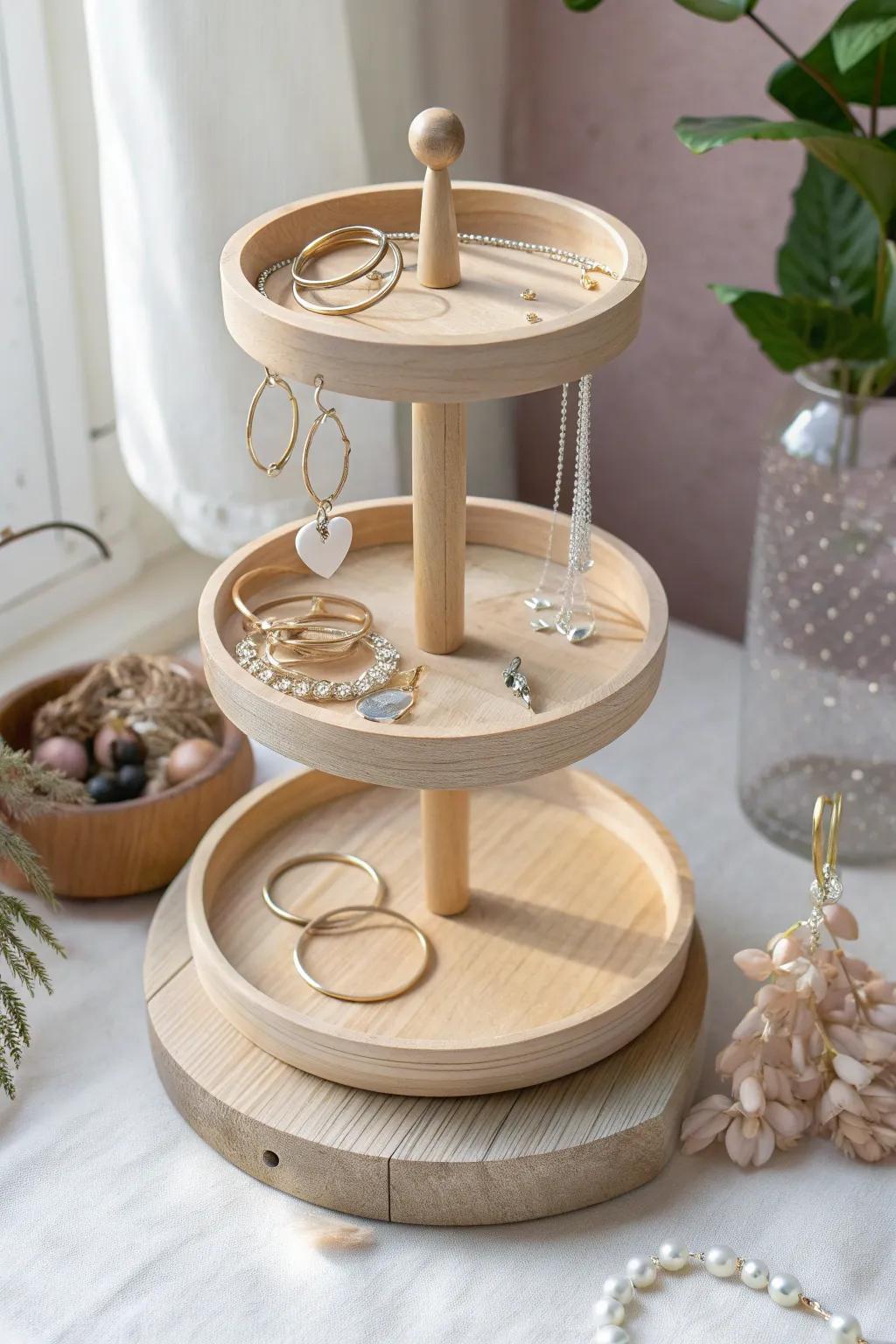 Elevate your craft show display with this stunning rotating tiered jewelry stand. Perfect harmony of Scandinavian minimalism and bohemian charm.