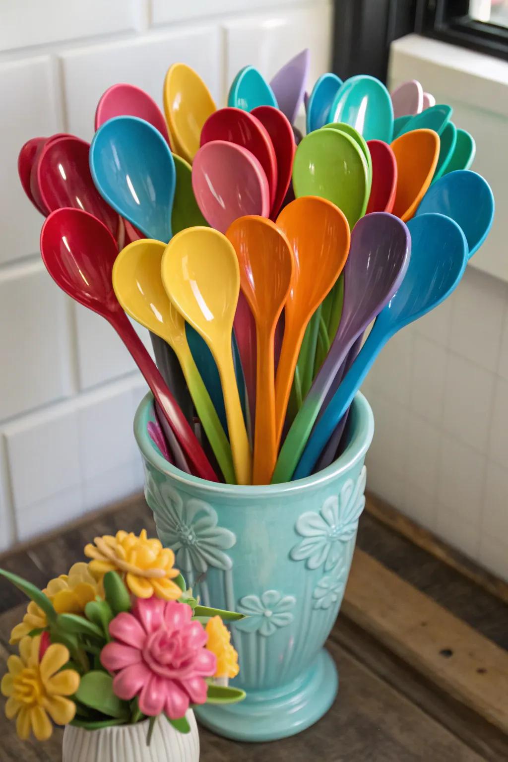 Brighten your space with beautiful flowers made from plastic spoons.