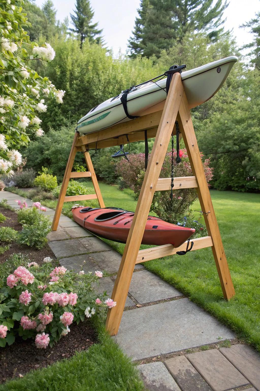 A rustic and sturdy wooden A-frame kayak rack in a garden.