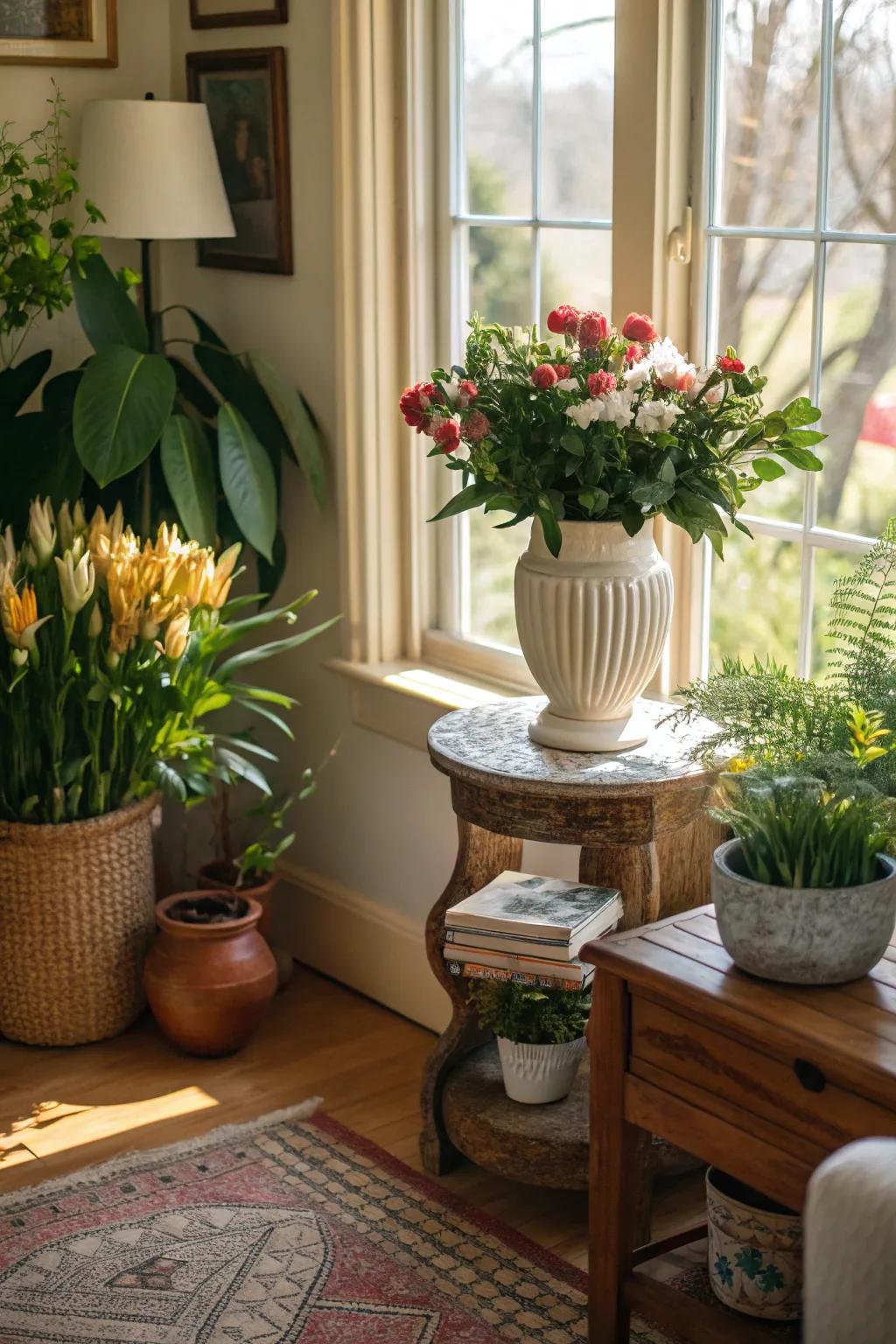 Adding plants and flowers brings a touch of nature to the keeping room.