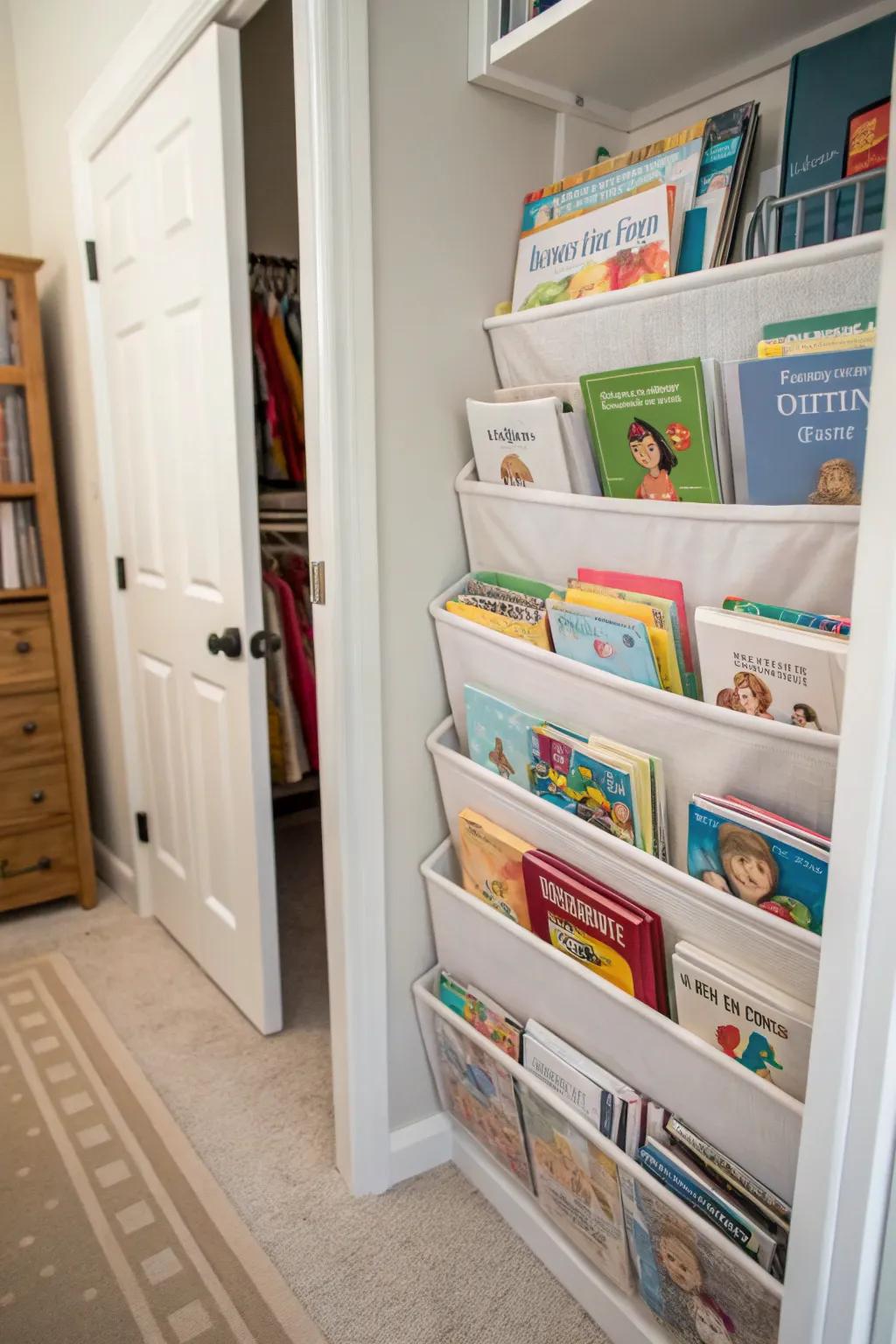 Magazine holders offer a tidy solution for book storage.