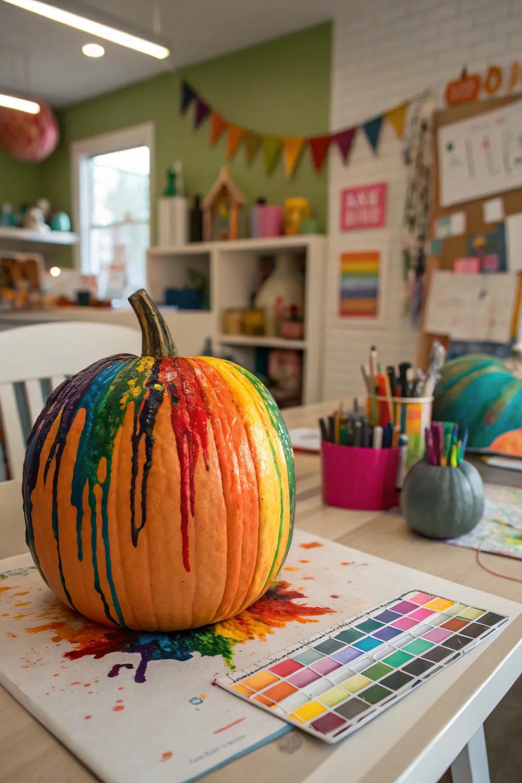 A mesmerizing melted crayon pumpkin, showcasing a rainbow of colors.