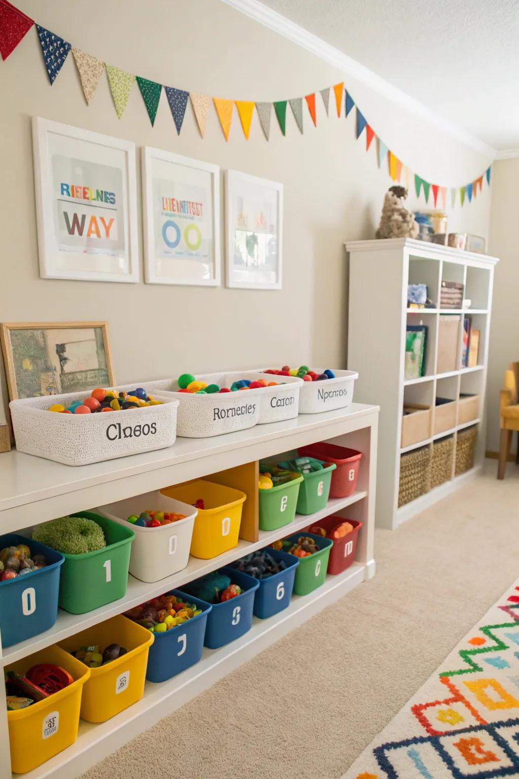 Color-coded bins make organizing toys fun and educational.