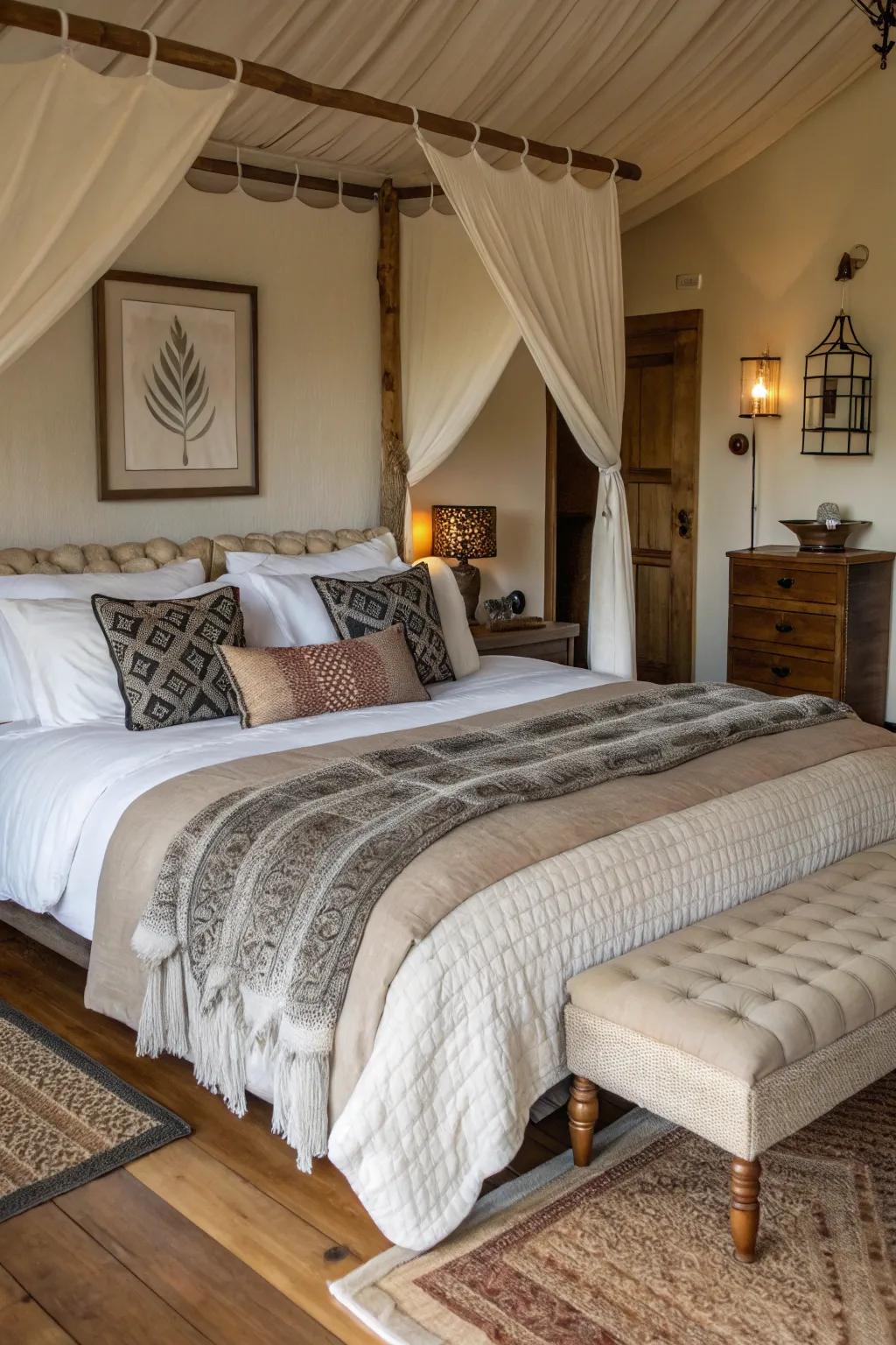 Luxurious textiles add warmth and comfort to this layered king bed.