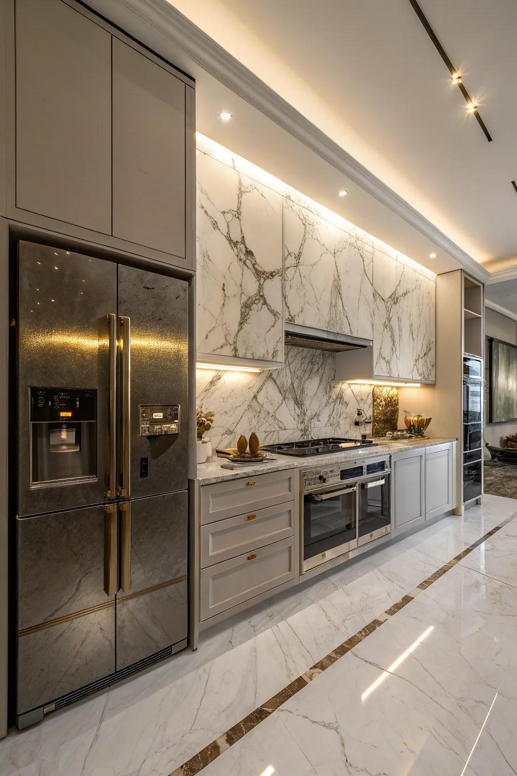 Marble backsplashes provide elegance and a touch of luxury.