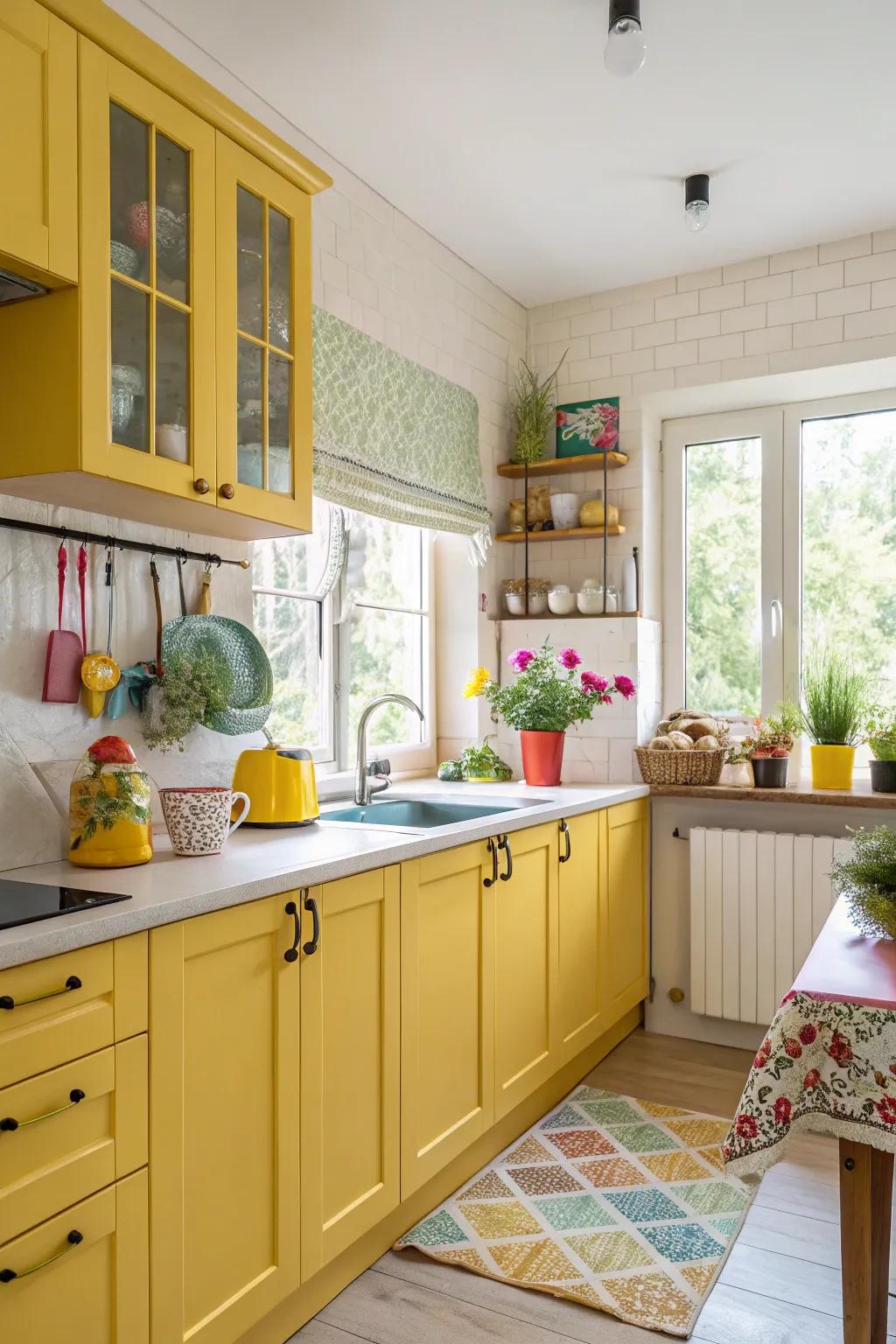 Sunny yellow cabinets add a cheerful touch to any kitchen.