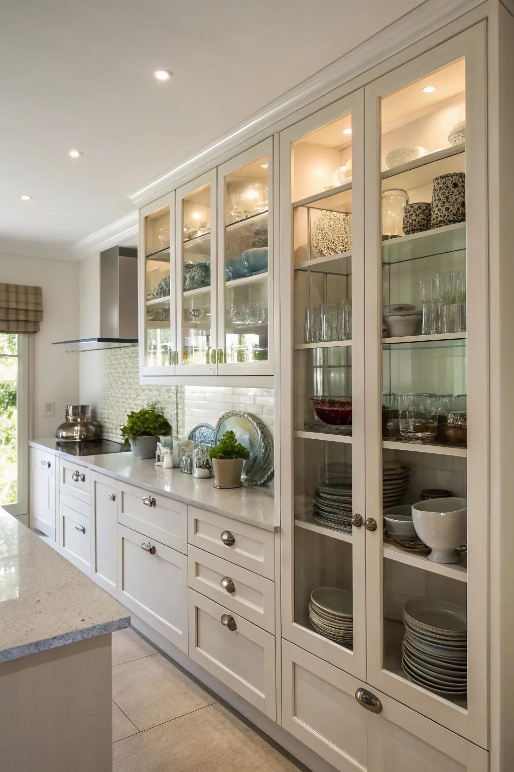 Glass-front cabinets add elegance and openness to your kitchen.