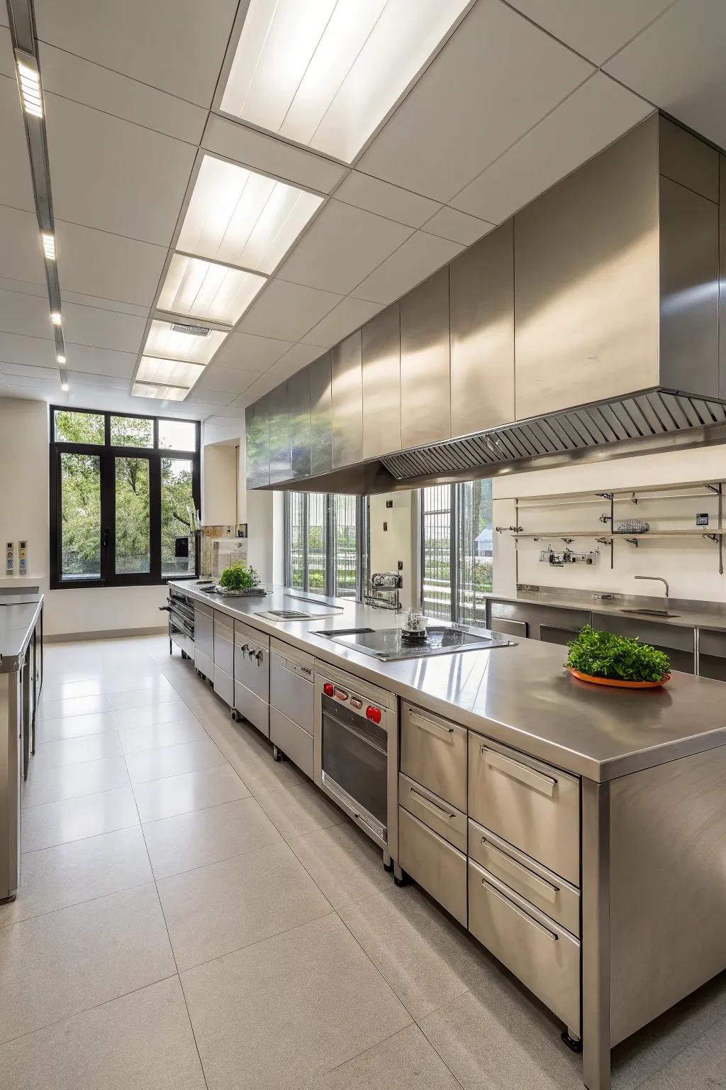 Stainless steel countertops offer sleek elegance and practicality.