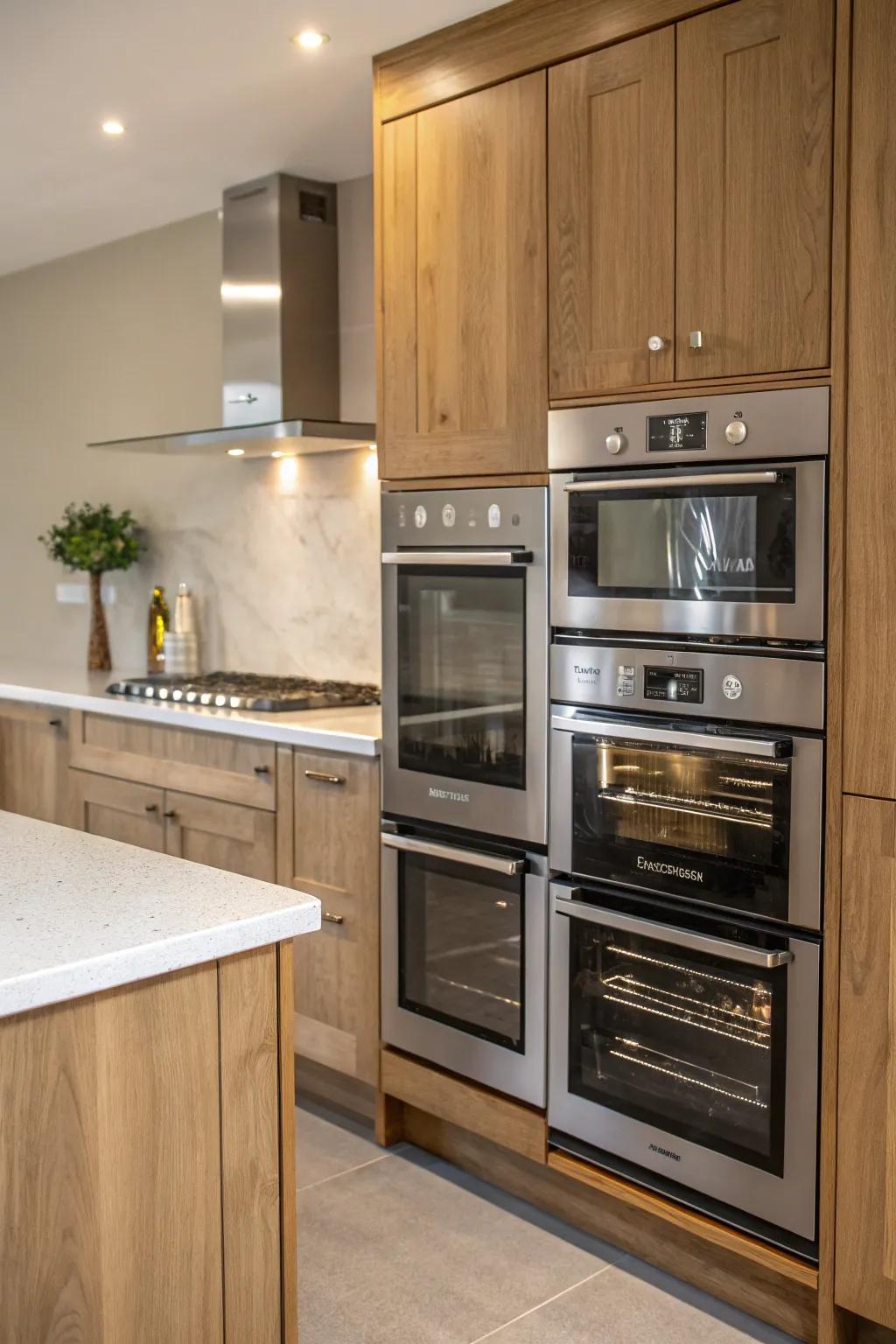 Double ovens subtly integrated under the countertop for a minimalist look.