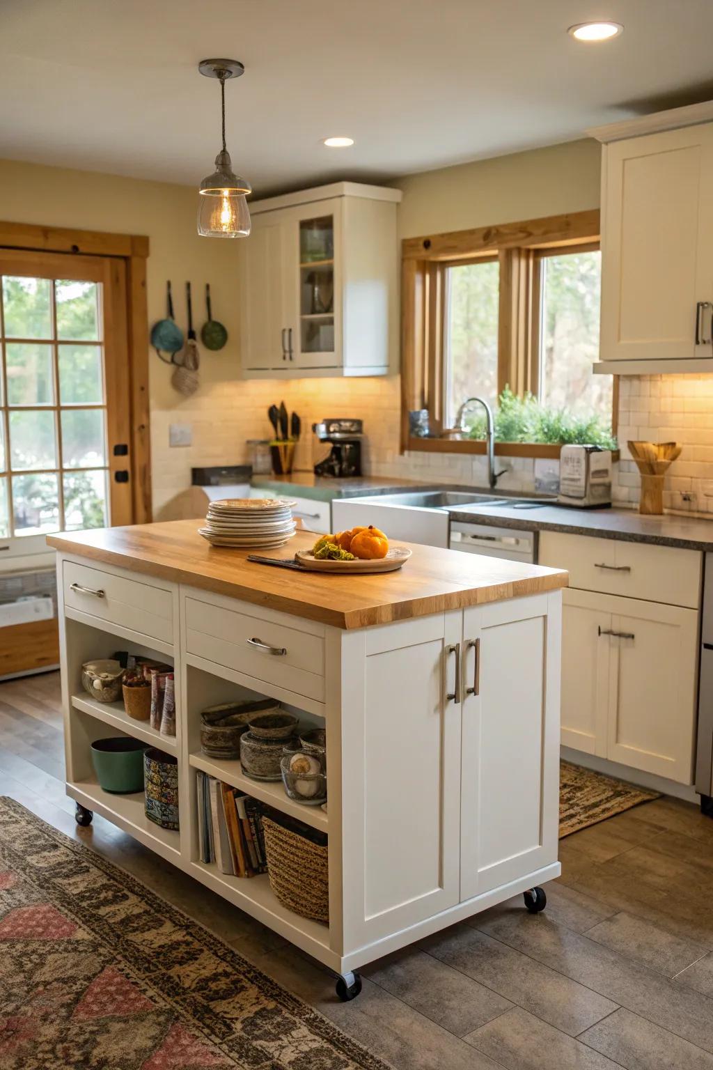 A movable kitchen island provides versatile storage and workspace.