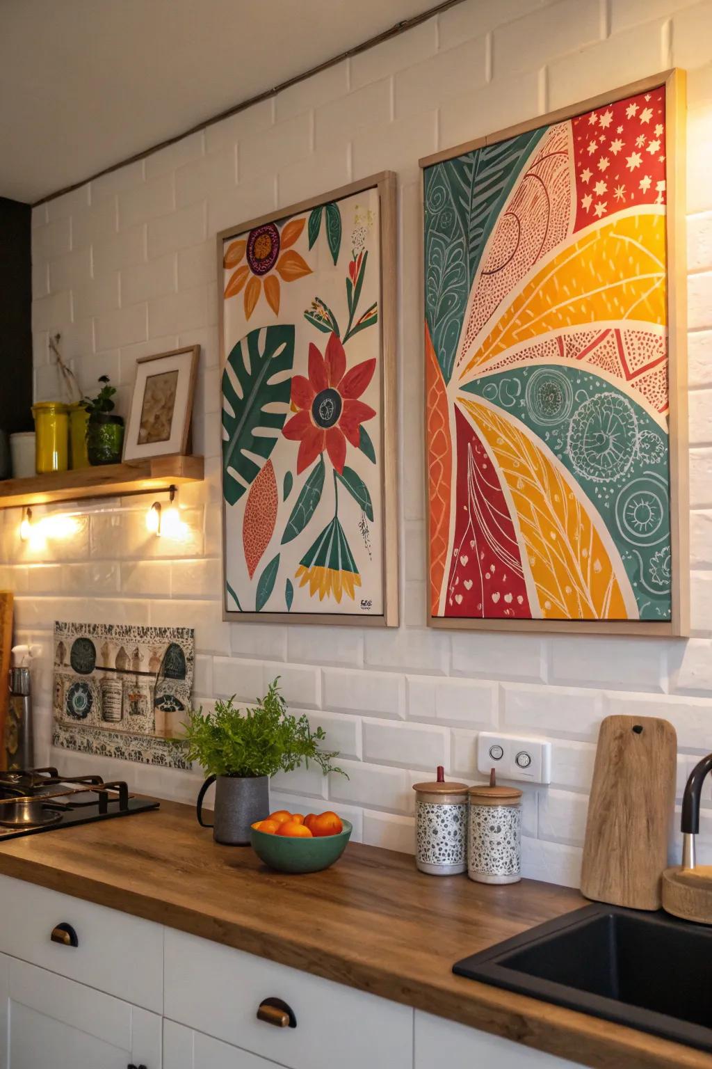 A colorful diptych adds vibrancy to kitchen decor.