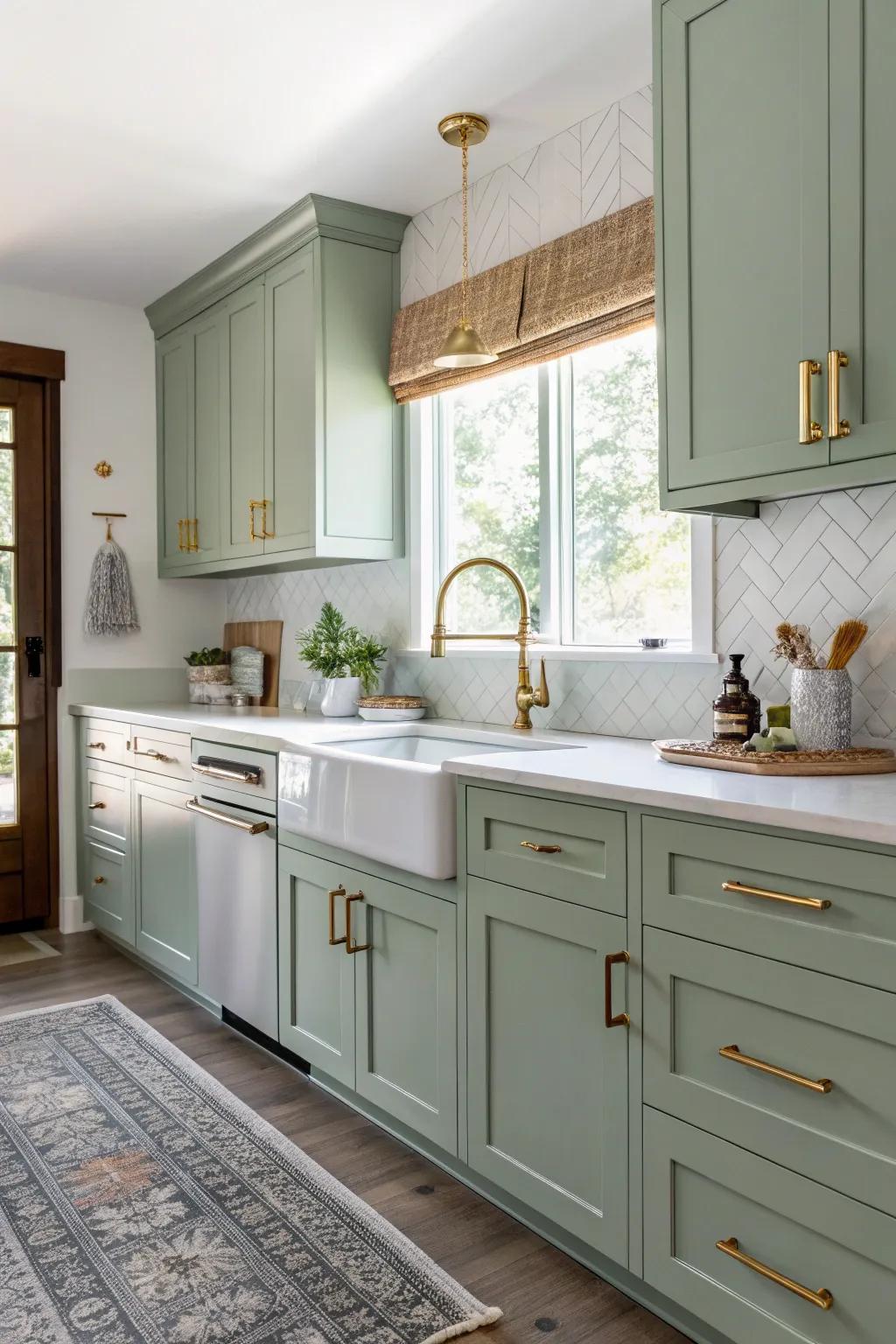 Earthy green cabinets with gold hardware create a calming and serene kitchen space.