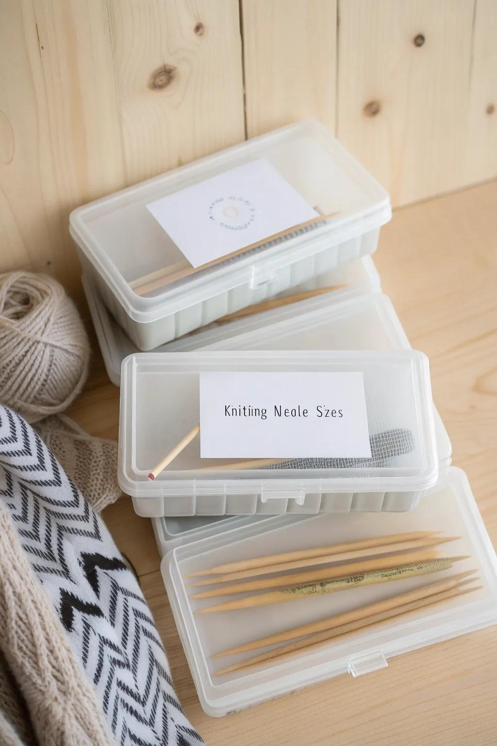 Organize your knitting needles with style: Clear, labeled boxes for a clutter-free creative space.