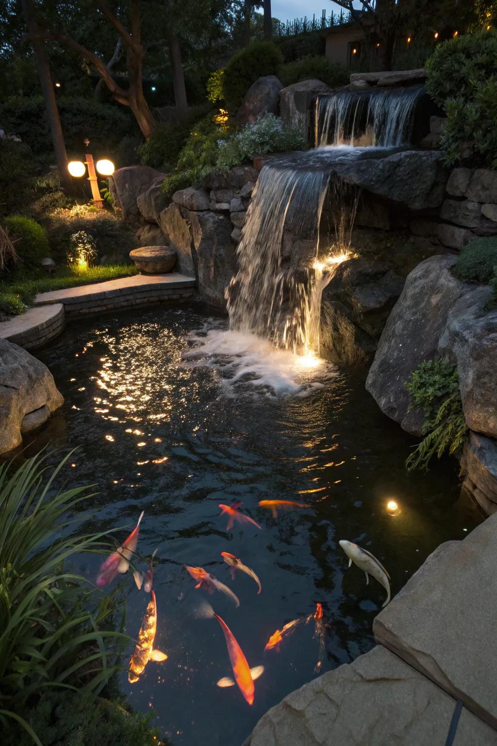 Waterfall lighting adds drama and highlights the natural movement of water.