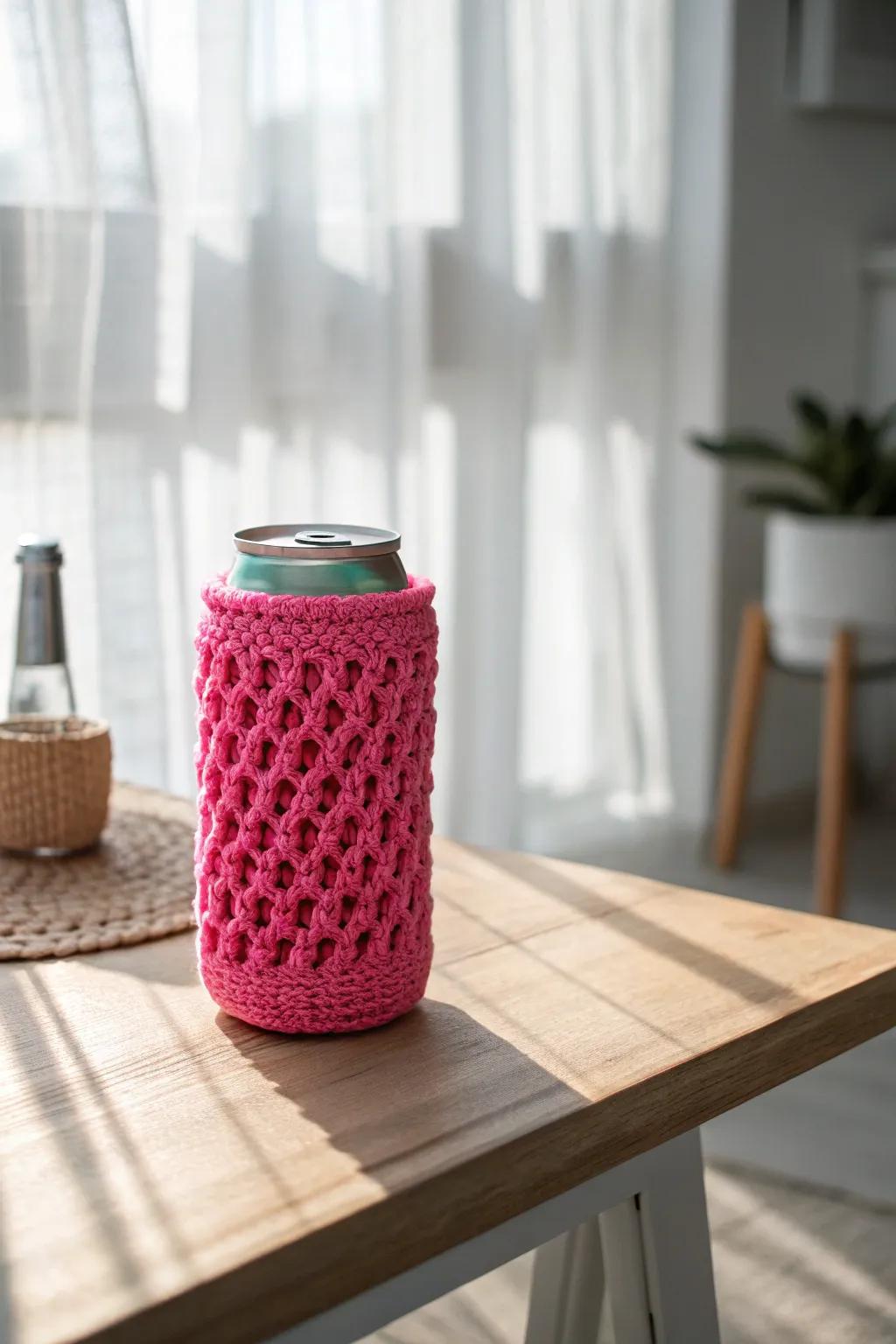 Add a pop of color to your next gathering with this vibrant, handcrafted koozie!