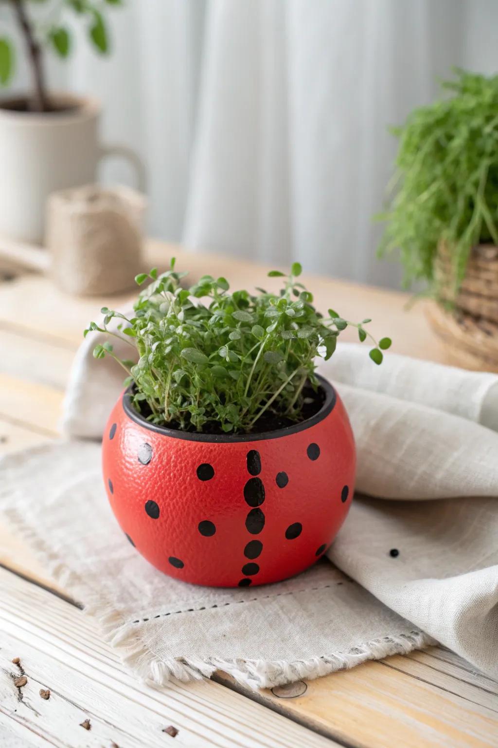 Bring a touch of whimsy to your garden with a charming ladybug clay pot planter!