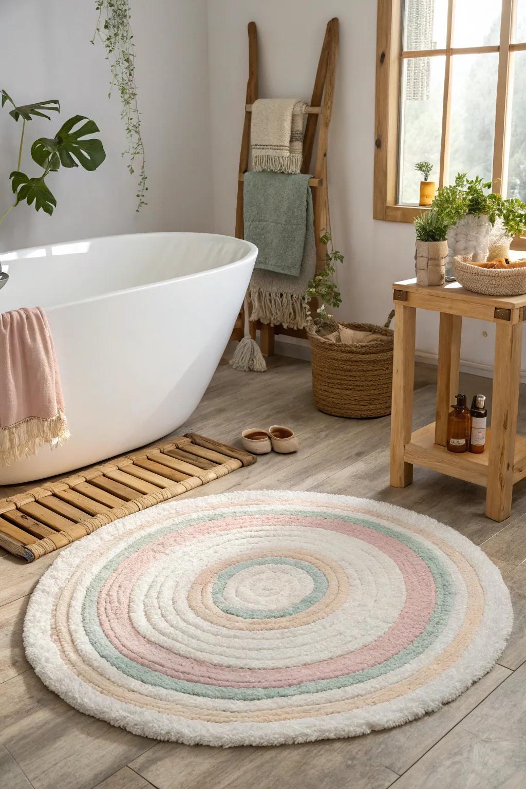 Round rugs introduce a softer, more inviting aesthetic to bathrooms.