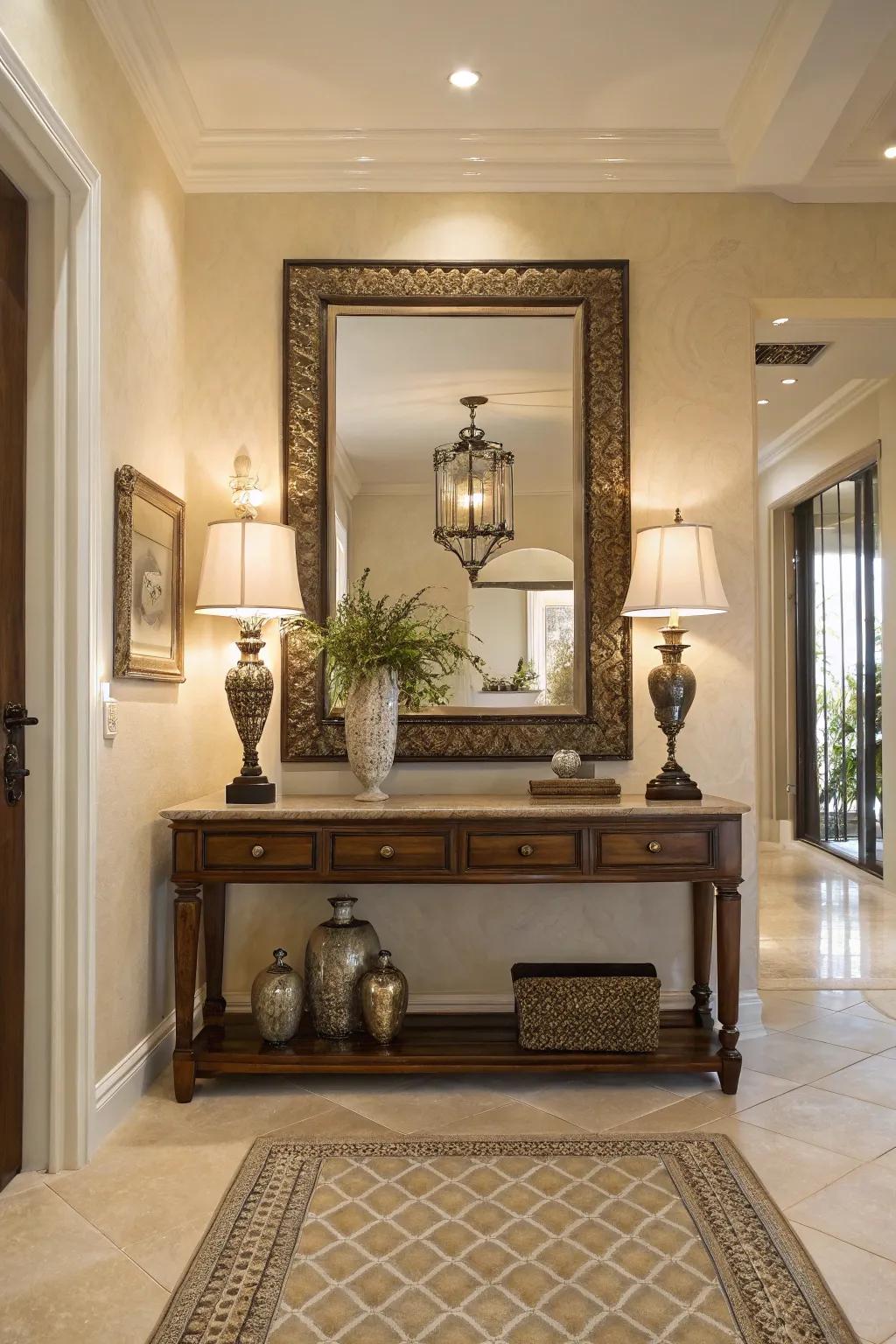 Mirrors enhance light and space, making entryways feel expansive.