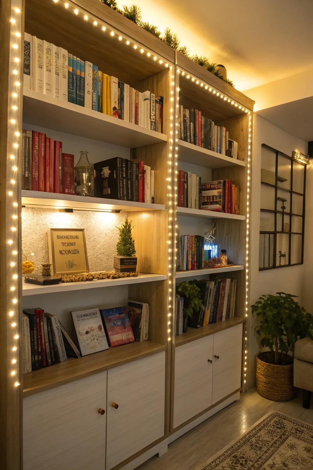 LED lighting turns bookshelves into a focal point.