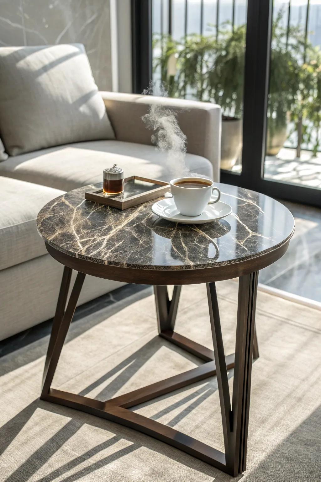 Elevate your space with a bespoke marble table top - the perfect morning coffee companion.