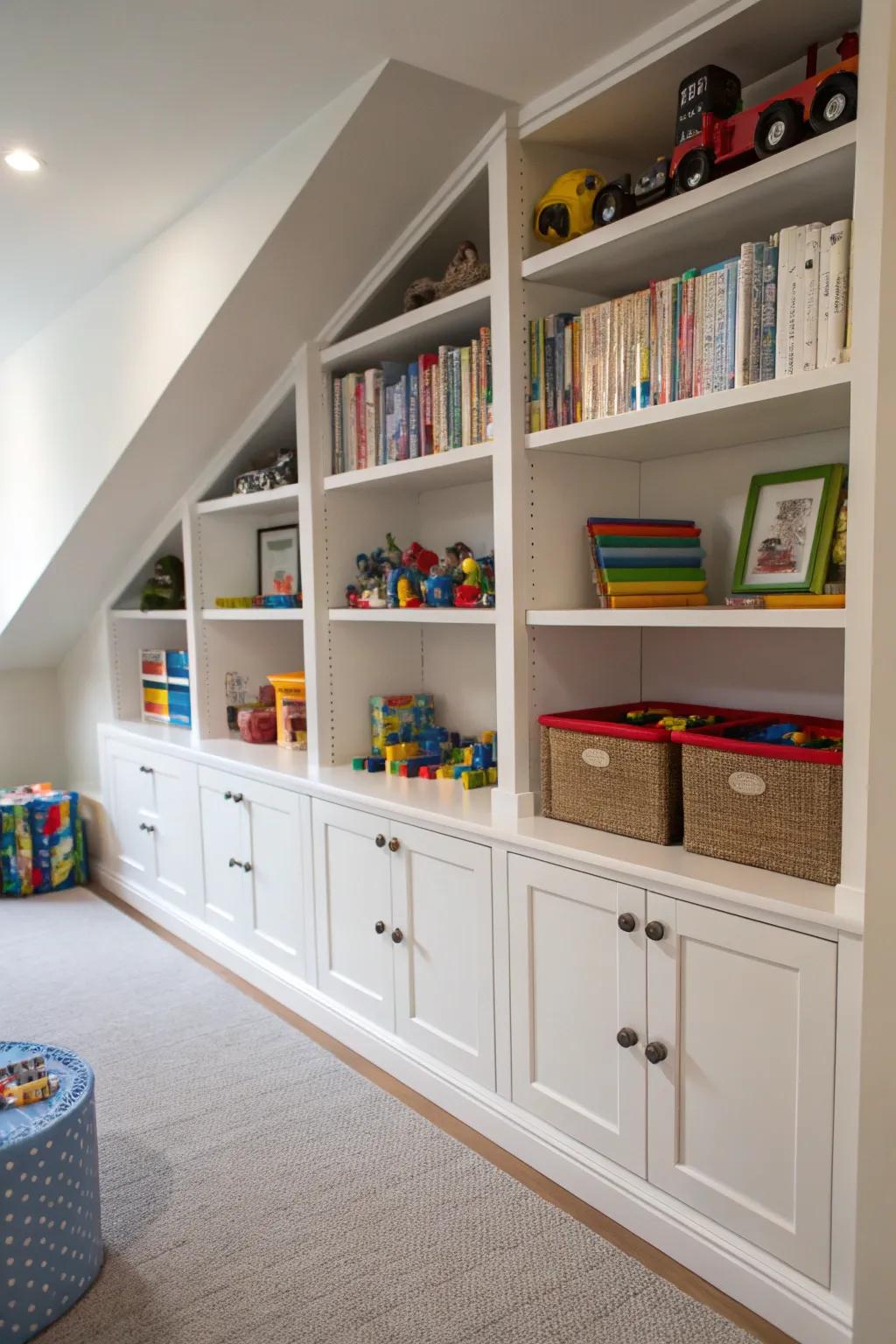 Built-in shelves for an organized playroom.