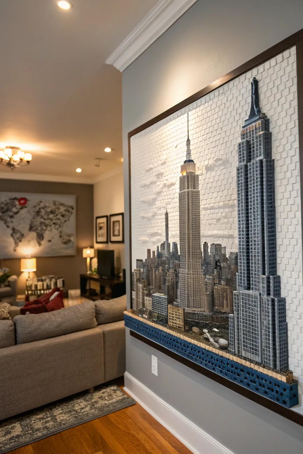 A stunning LEGO mosaic brings urban flair to this living room.