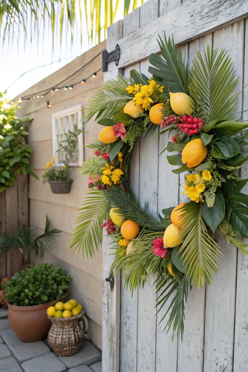 A tropical lemon wreath that exudes warmth and vibrancy.