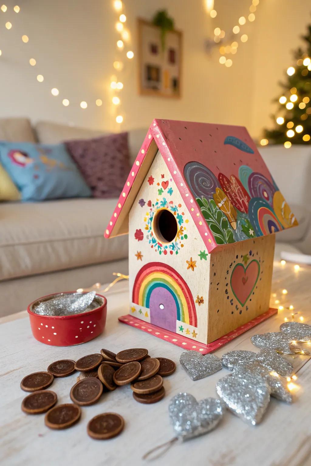 A vibrant birdhouse trap that attracts leprechauns.