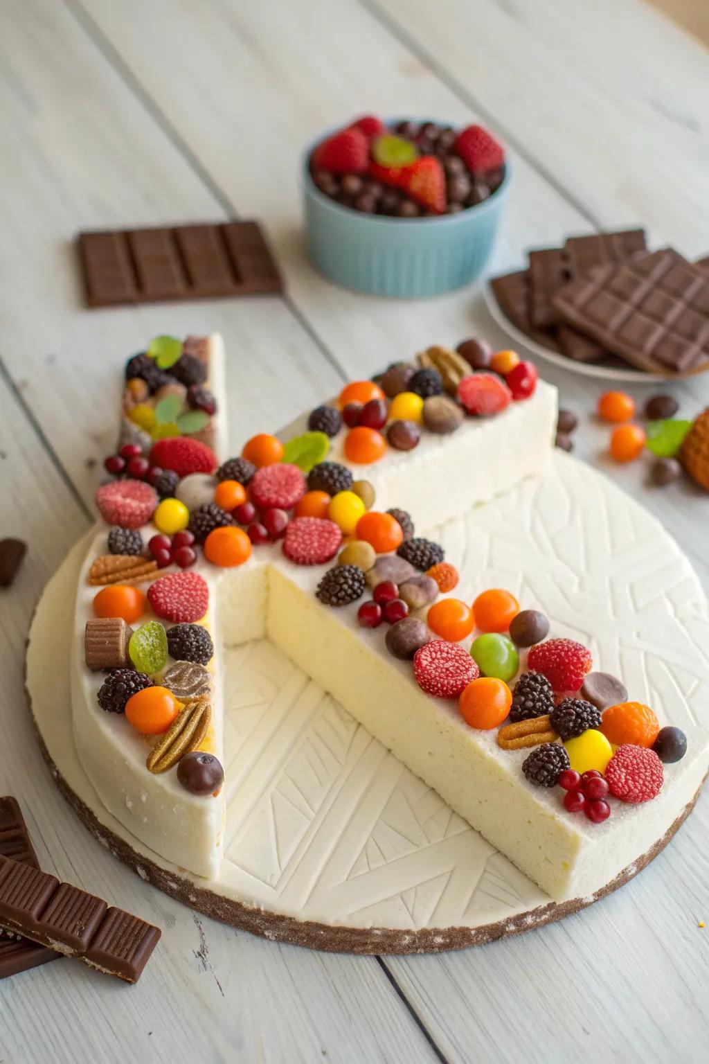 Indulge in the artistry of a candy-laden K cake, where simplicity meets vibrant delight.
