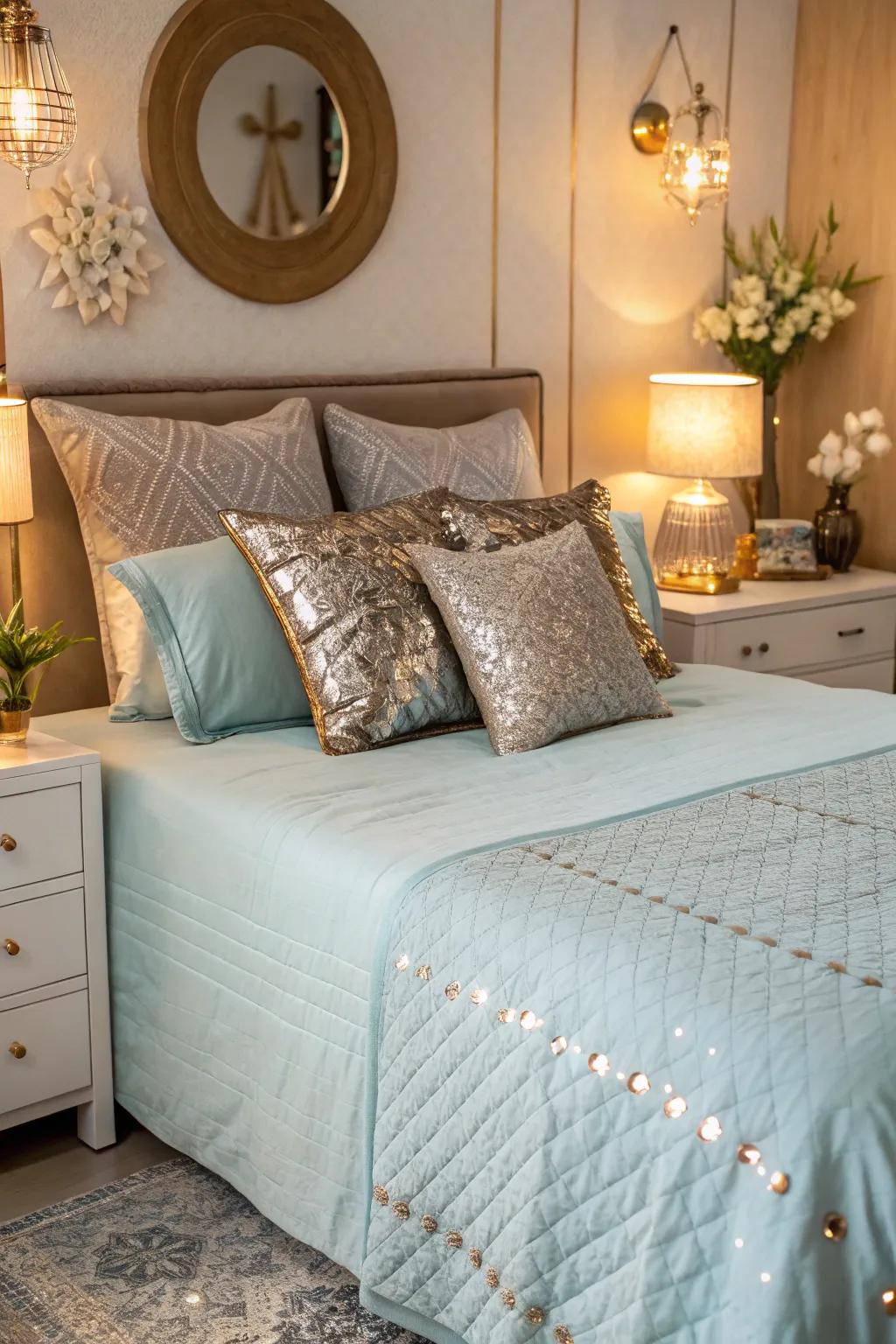 Add metallic accents for a touch of elegance to your light blue bedding.