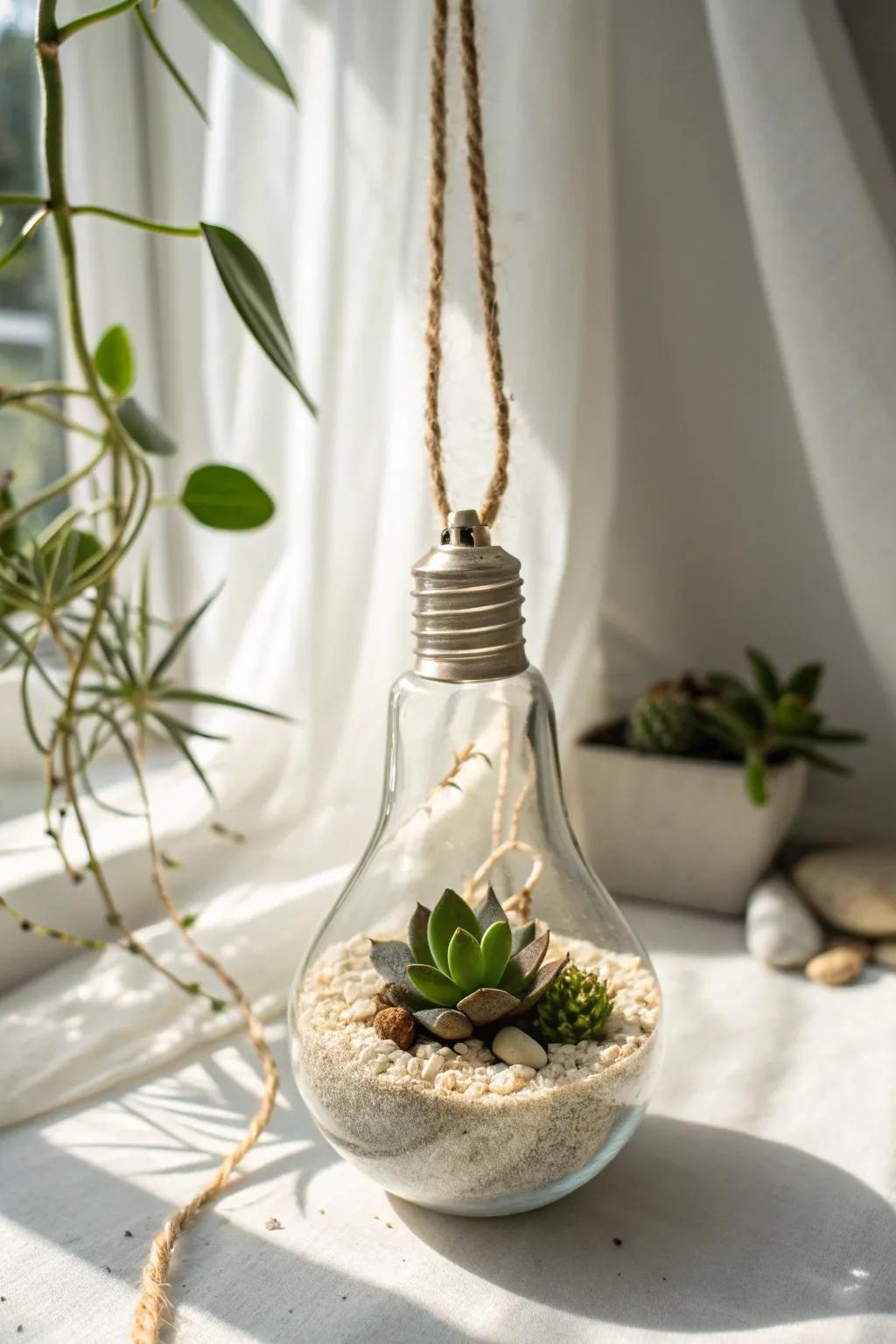 Bring a touch of nature indoors with a miniature terrarium crafted from a repurposed light bulb. Perfect for adding a subtle, stylish flair to your space.