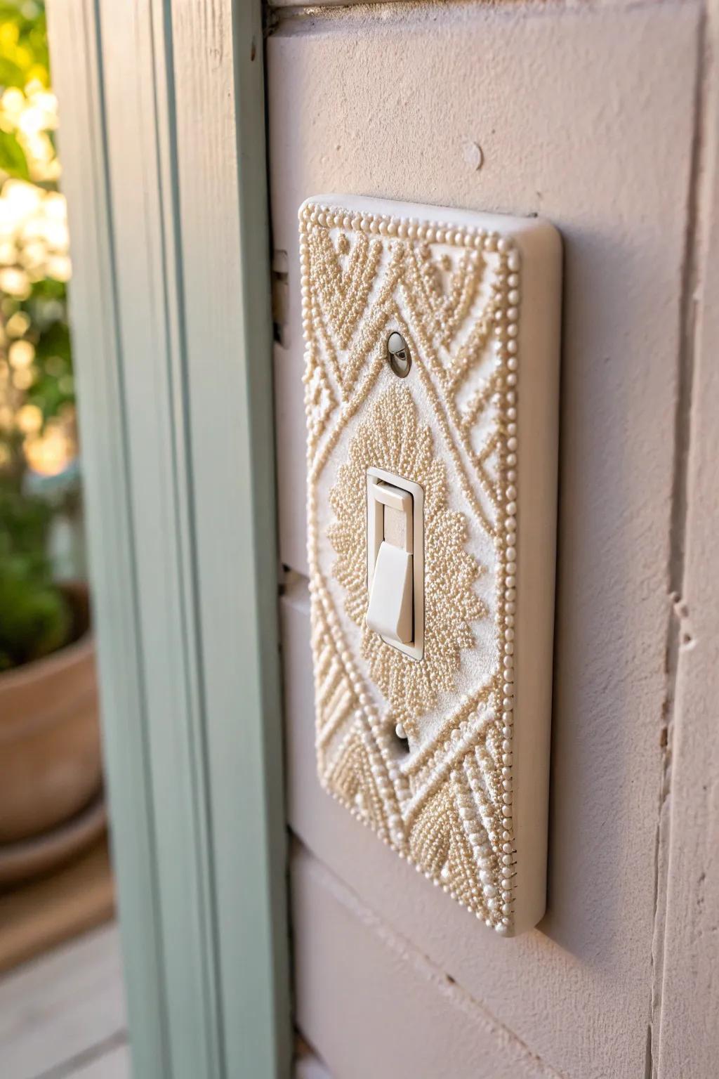 Elevate your space with textured beadwork on light switches – where craftsmanship meets minimalist charm.