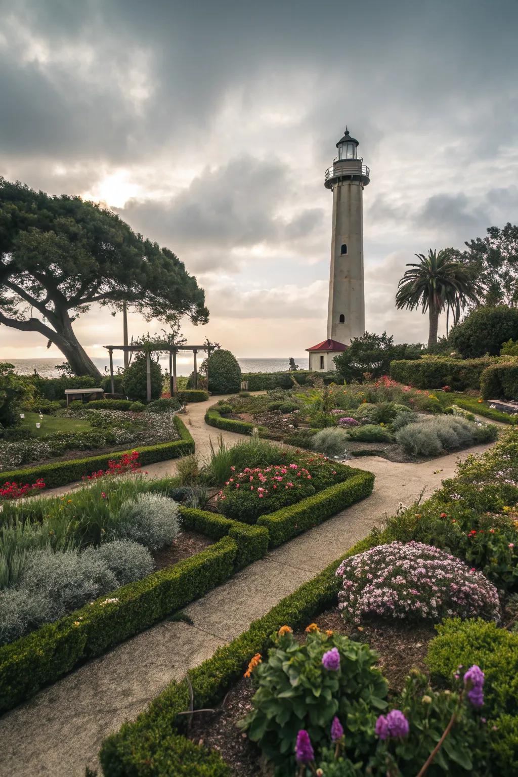 A lighthouse-themed garden with coastal charm