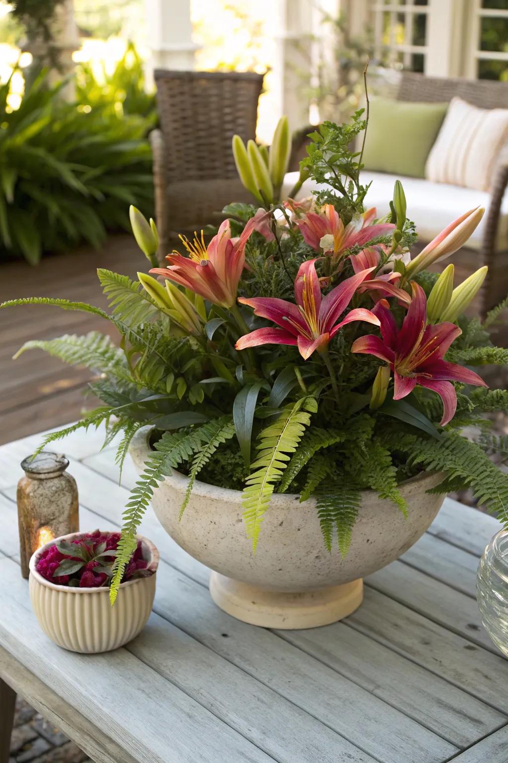 Create a tropical feel with lilies and ferns.