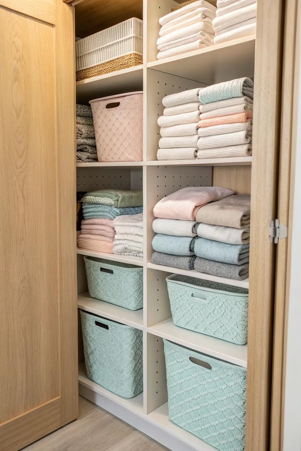 Vertical shelving maximizes space efficiency in a linen closet.