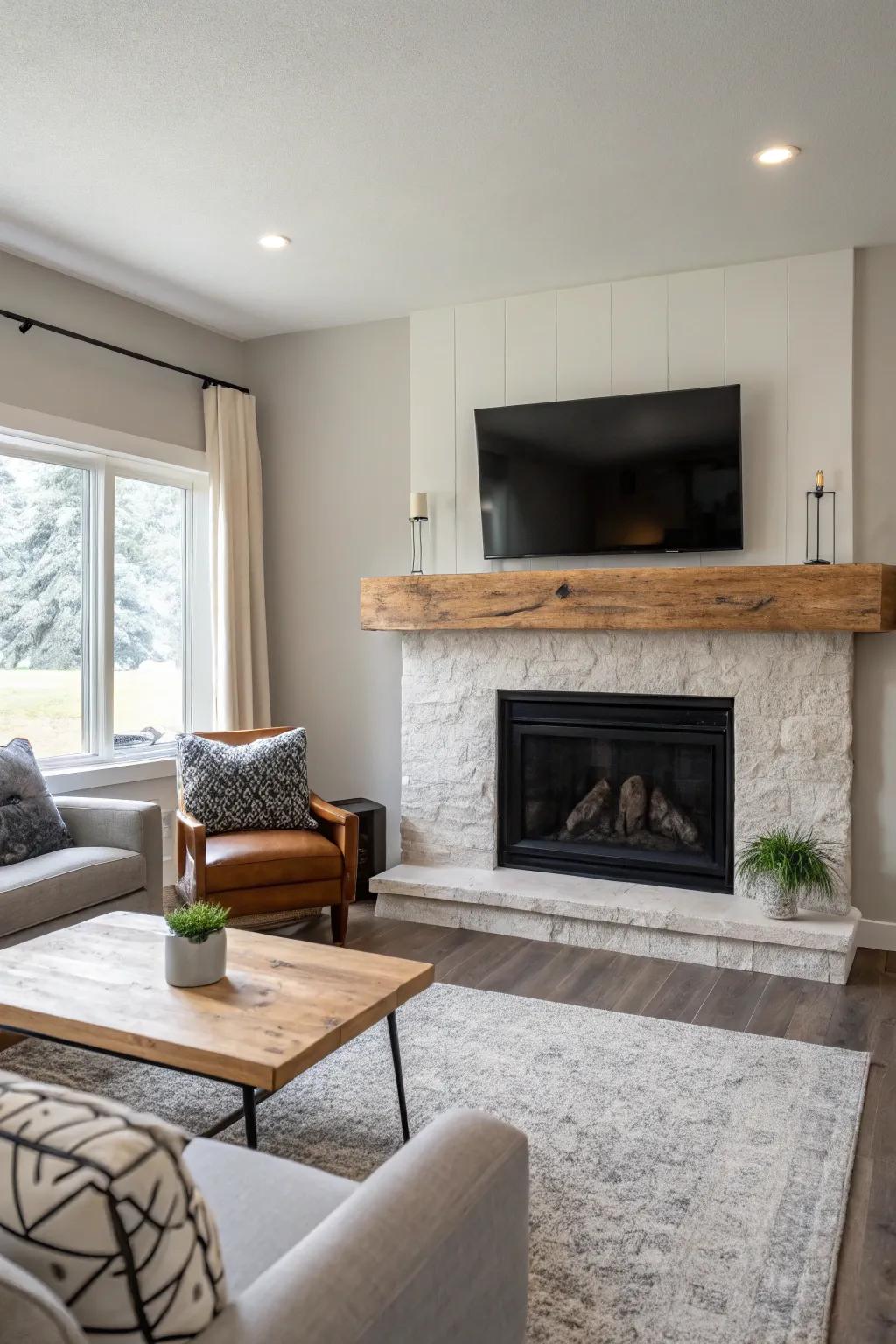 A minimalist living room featuring an ash live edge mantel and sleek decor.