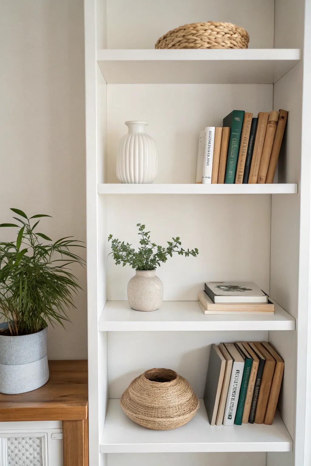 Negative space enhances the curated appearance of a bookshelf.