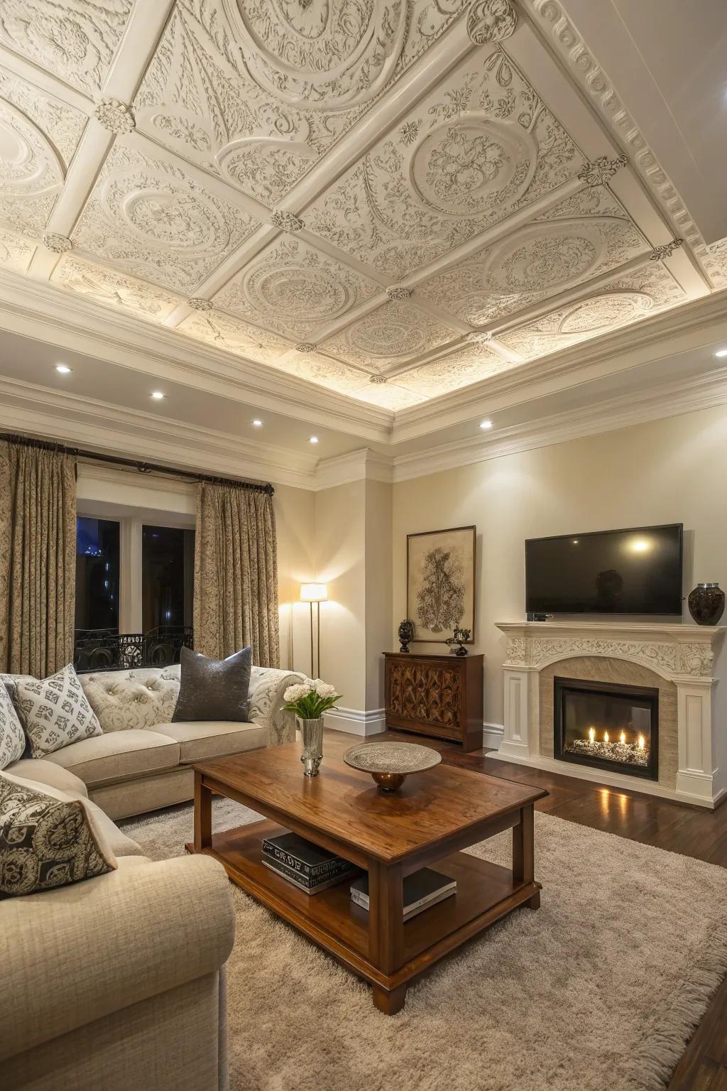 A living room with an artfully decorated ceiling that adds intrigue and elegance.