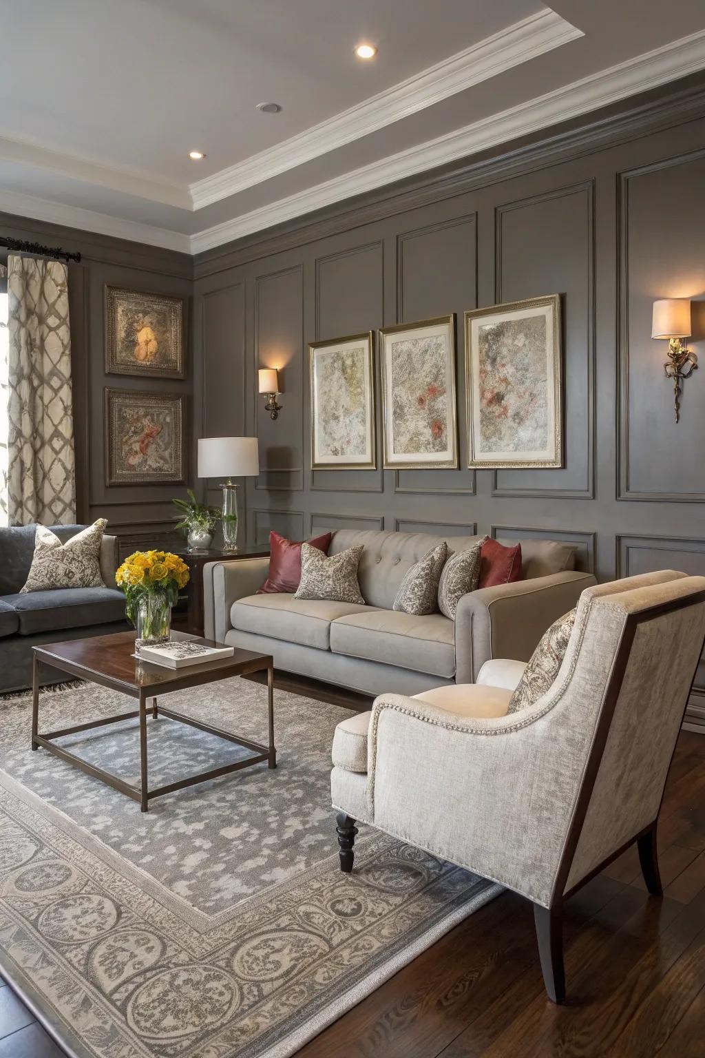 Elegant grays offer a sophisticated and versatile backdrop for any living room.