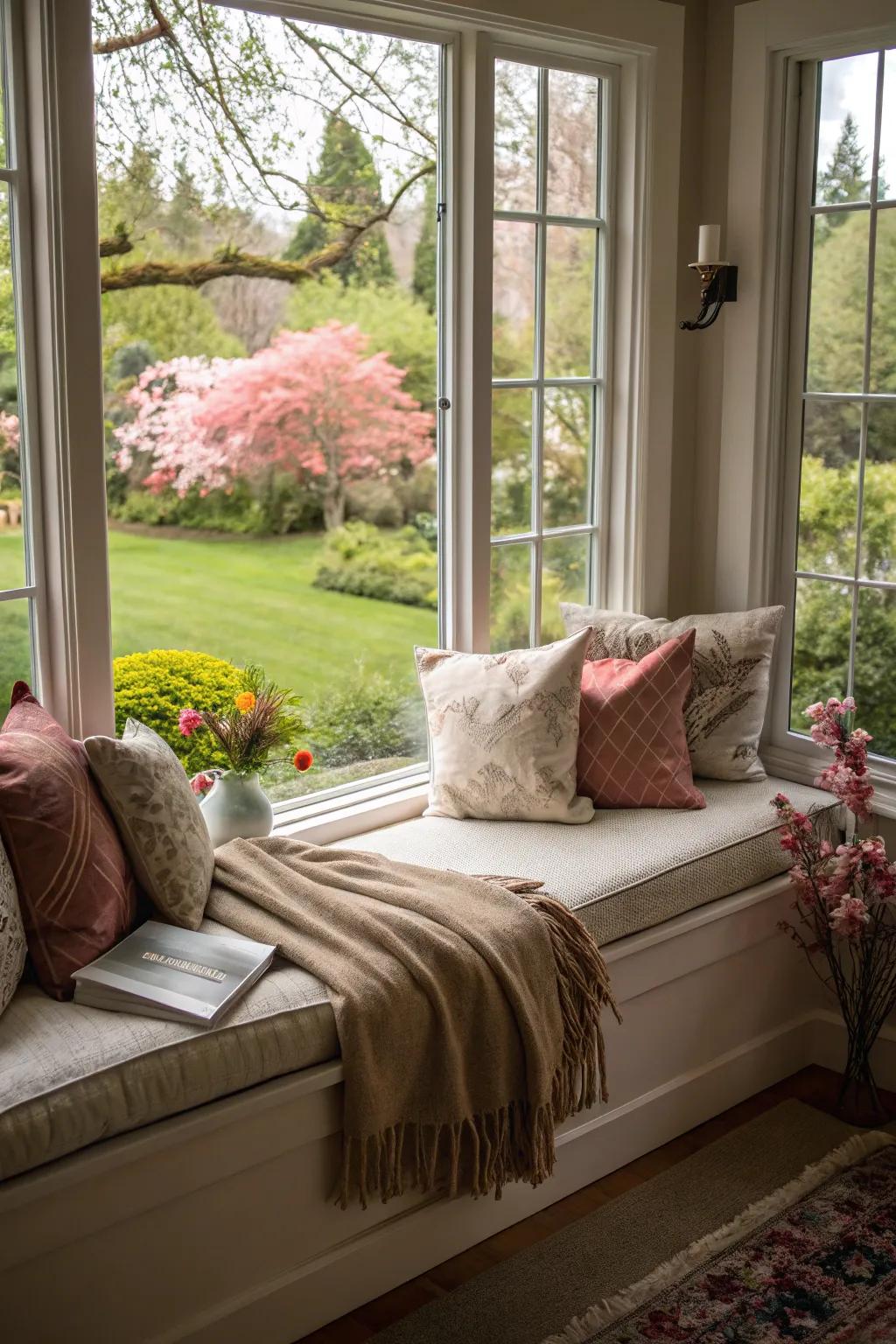 A window seat nook invites relaxation and offers a sunny retreat.