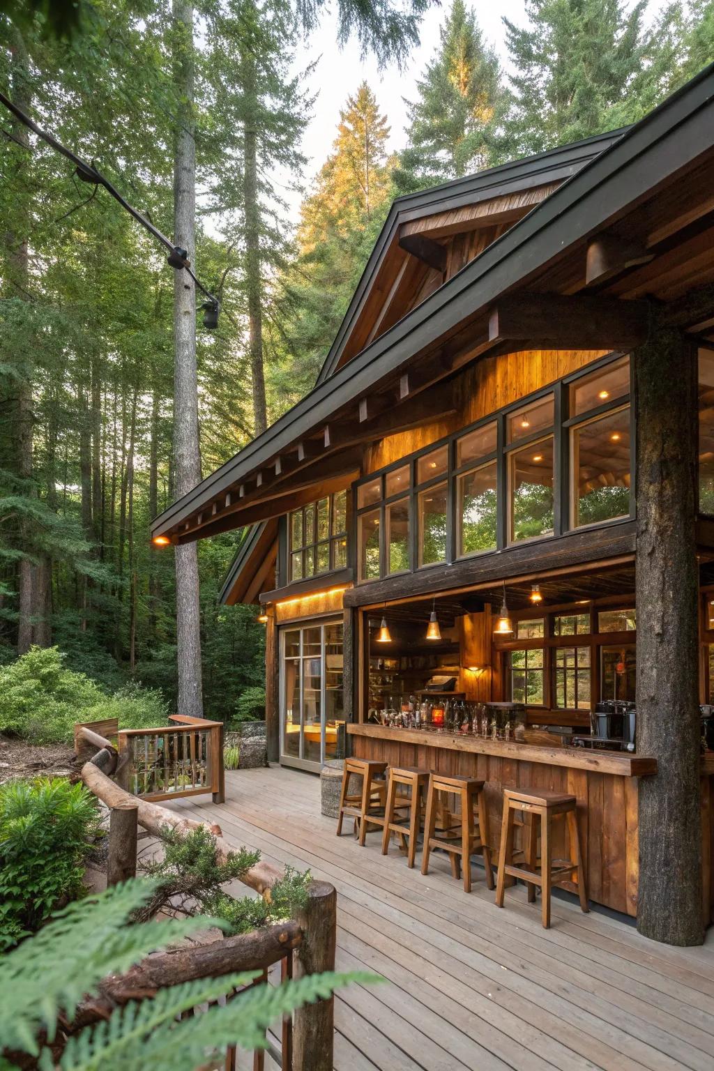 Adding greenery to a log cabin bar brings a refreshing touch of nature.