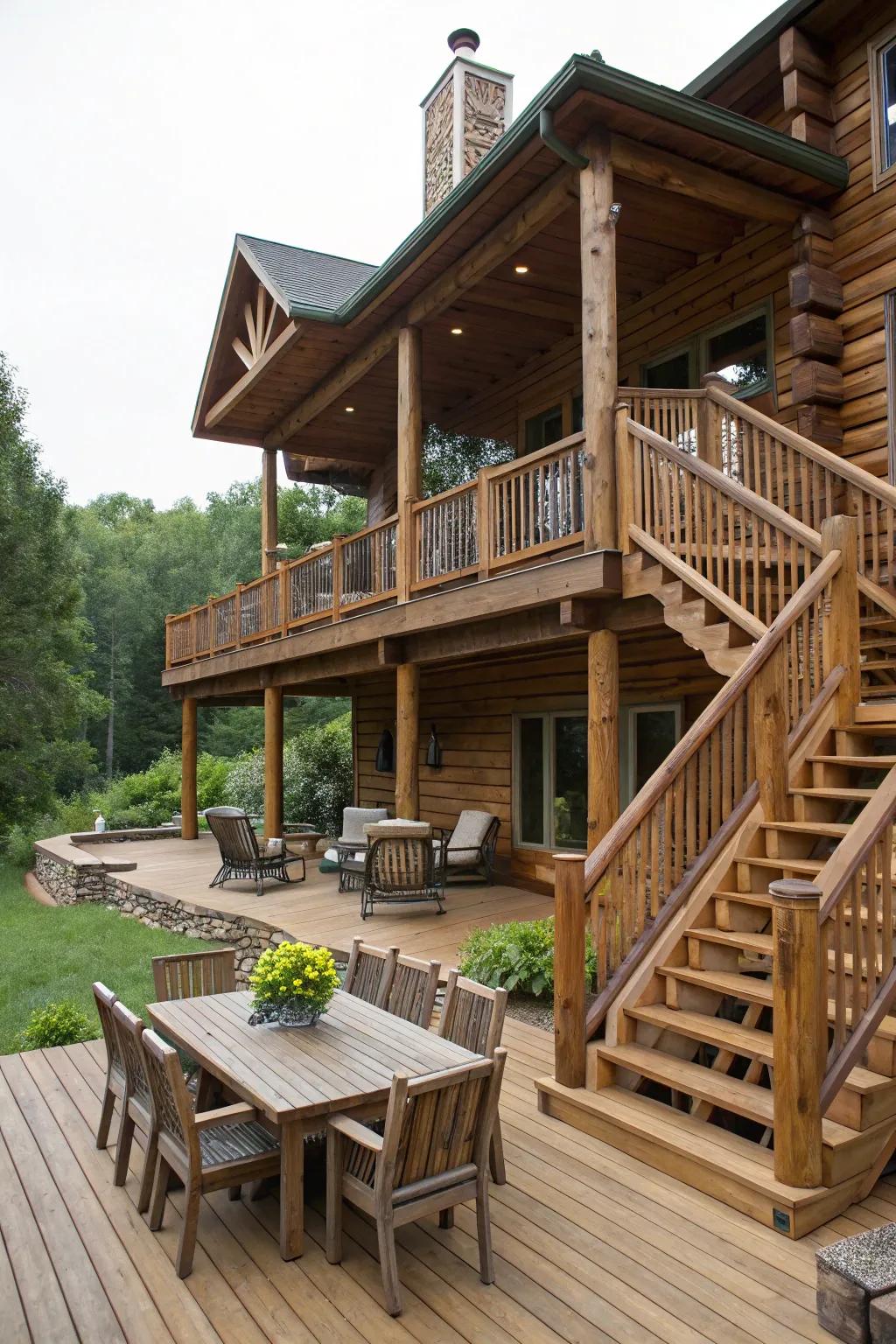 A versatile multi-level deck on a log cabin.