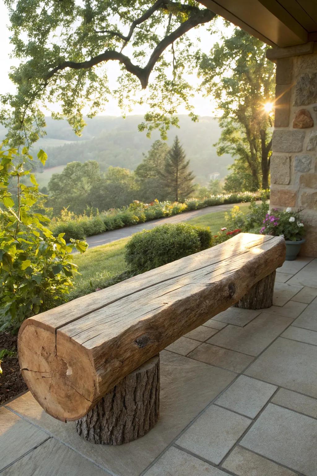 Embrace rustic elegance with this handcrafted log bench, your perfect patio companion for serene mornings.