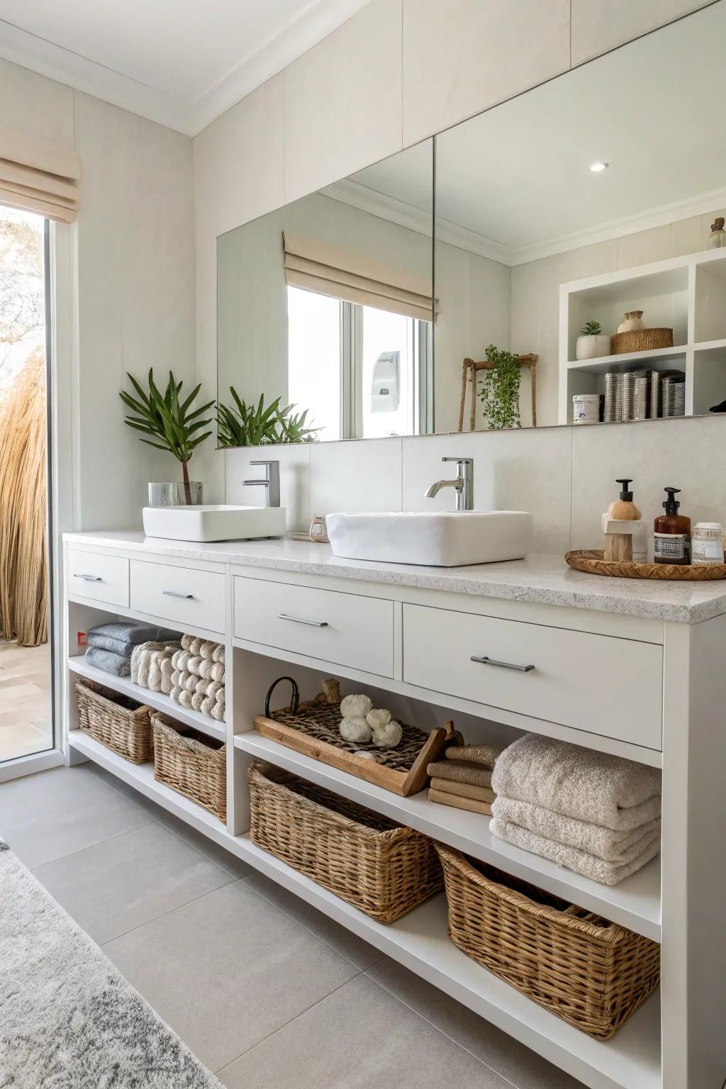 Open shelving under a vanity offers both storage and style.