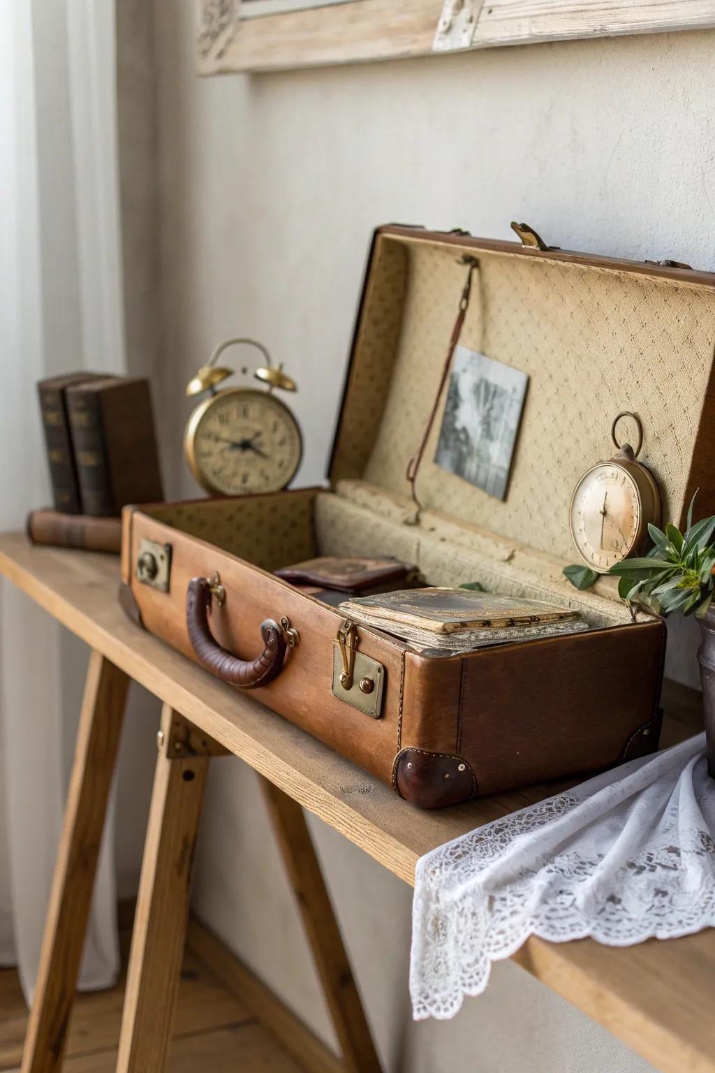 Transform a vintage suitcase into a charming lost and found box, blending nostalgia with minimalist elegance.