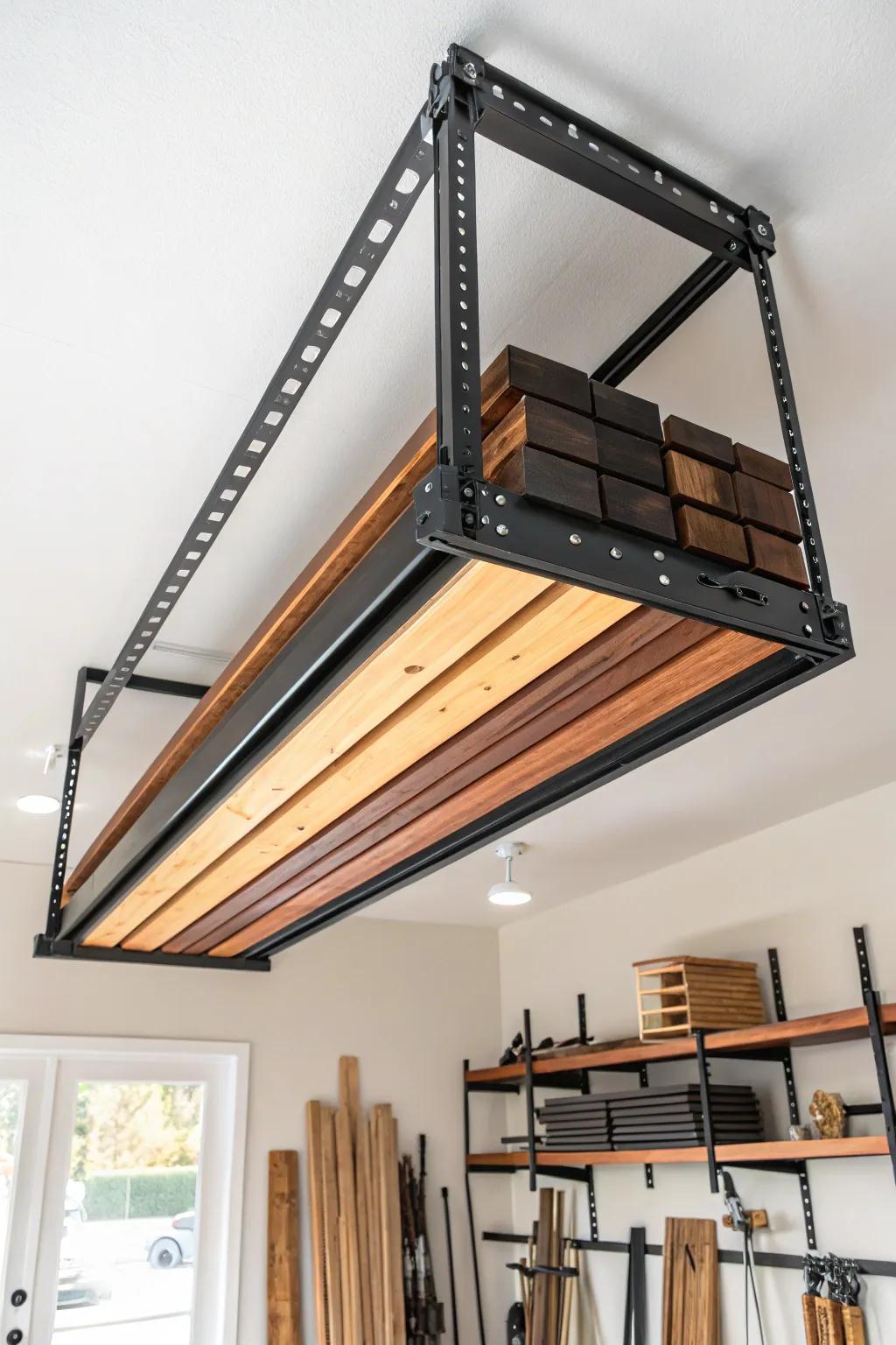 Maximize your space with stylish ceiling storage for your lumber needs.