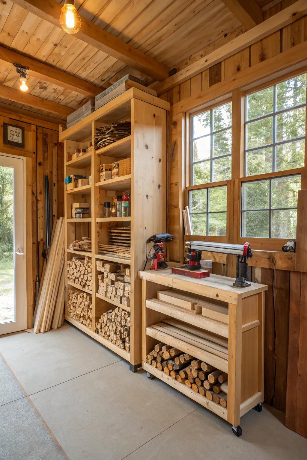 Corner racks make efficient use of small spaces for wood storage.