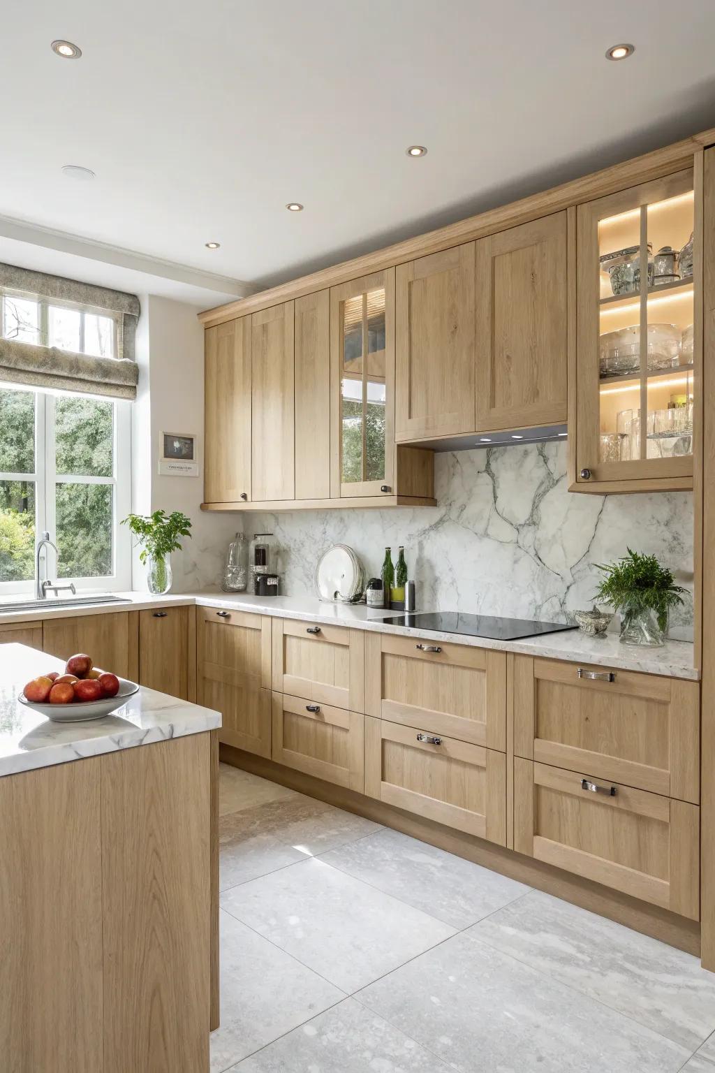 A bright kitchen with marble and light wood elements.