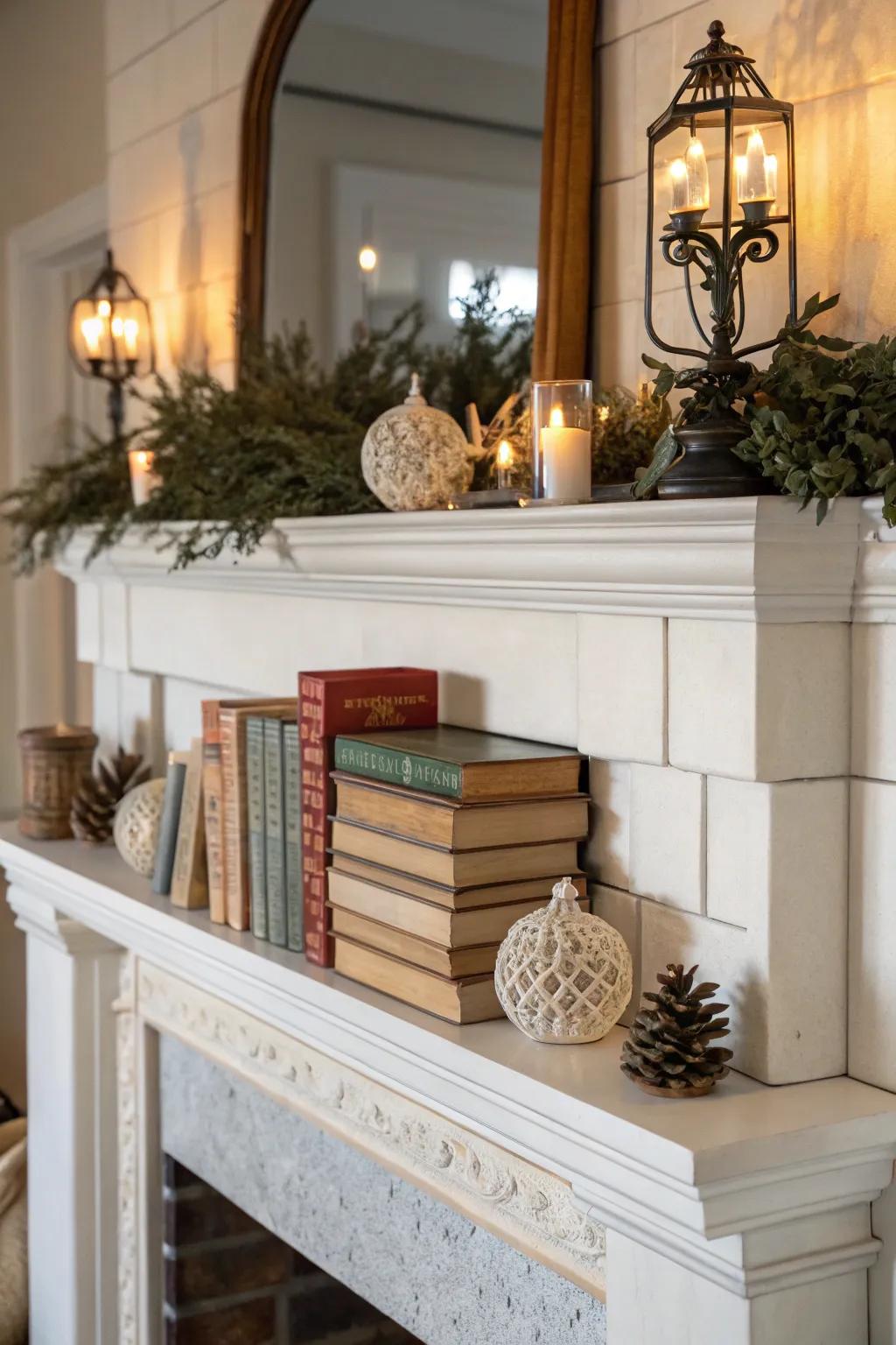 A mantel with neatly stacked books and decorative accents.